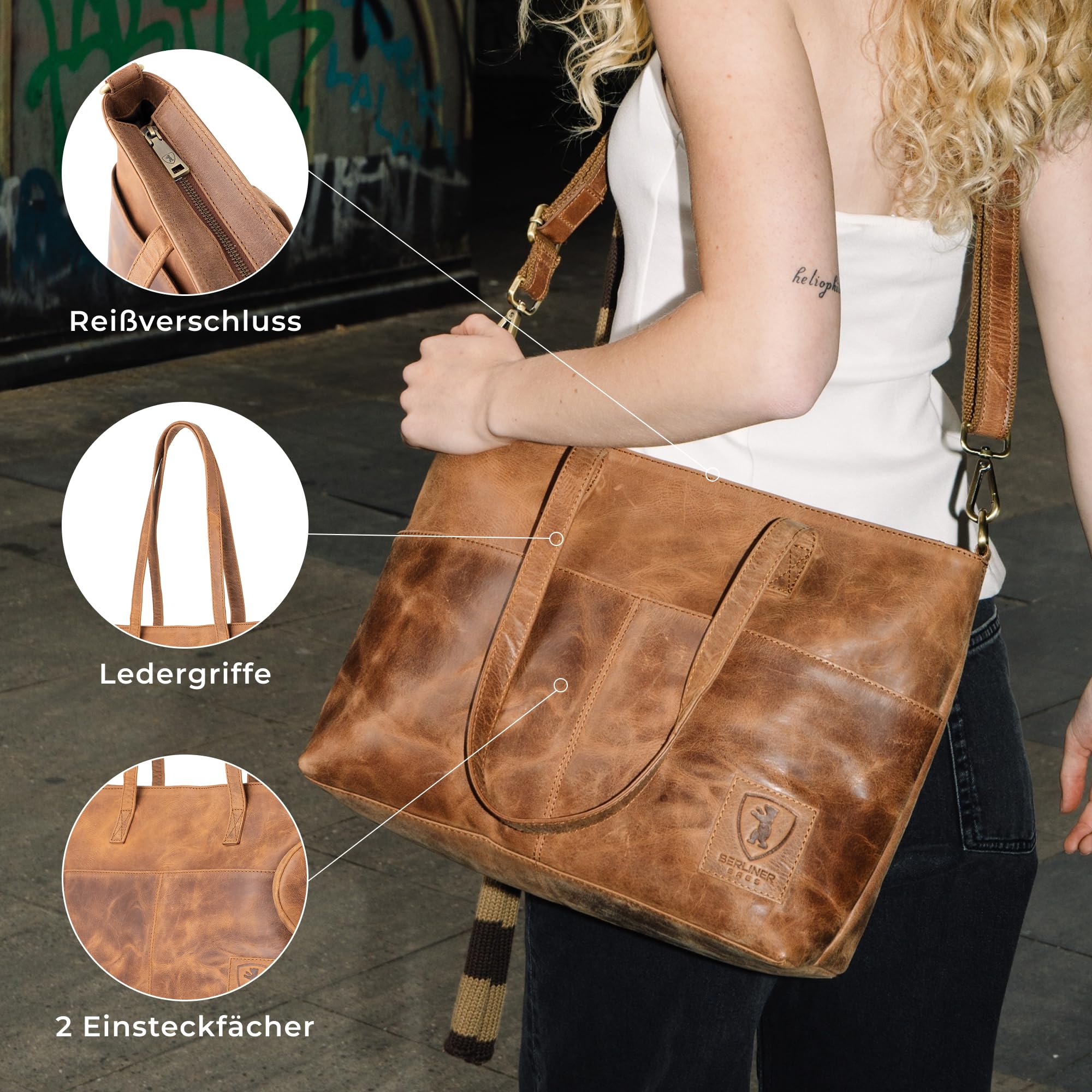 Berliner Bags Vintage Arbeitstasche Julia, Große Umhängetasche aus Leder, Schultertasche mit 14" Laptopfach, Handtasche für Damen