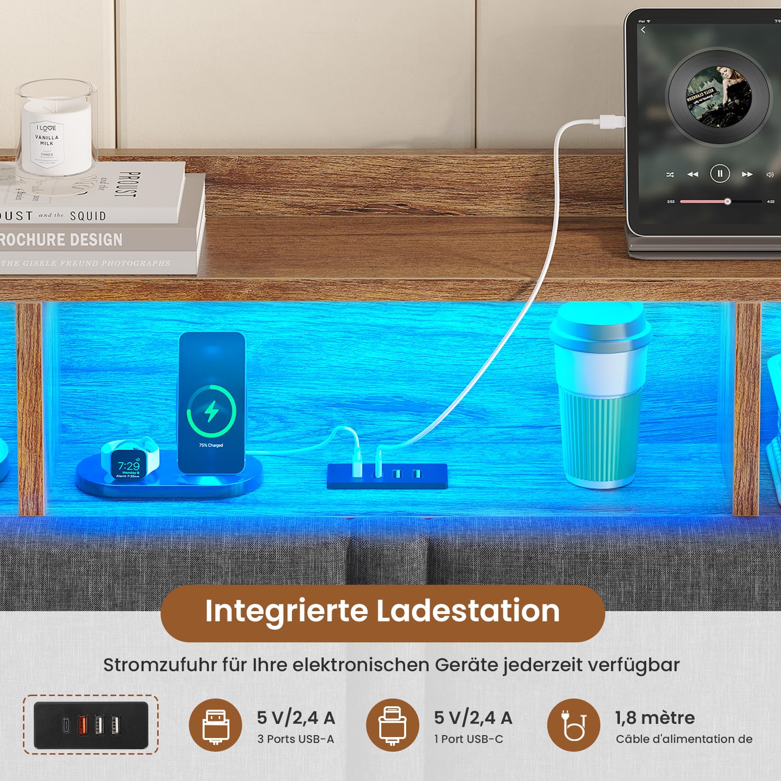 AOGLLATI Lit Coffre 140x190 avec Rangement Hydraulique, Lumières LED et Prise, Tête de Lit avec 3 Étagères Ouvertes & Compartiment Caché, Sommier à Lattes, Lit 2 Personnes, Sans Matelas,Lin Gris Foncé