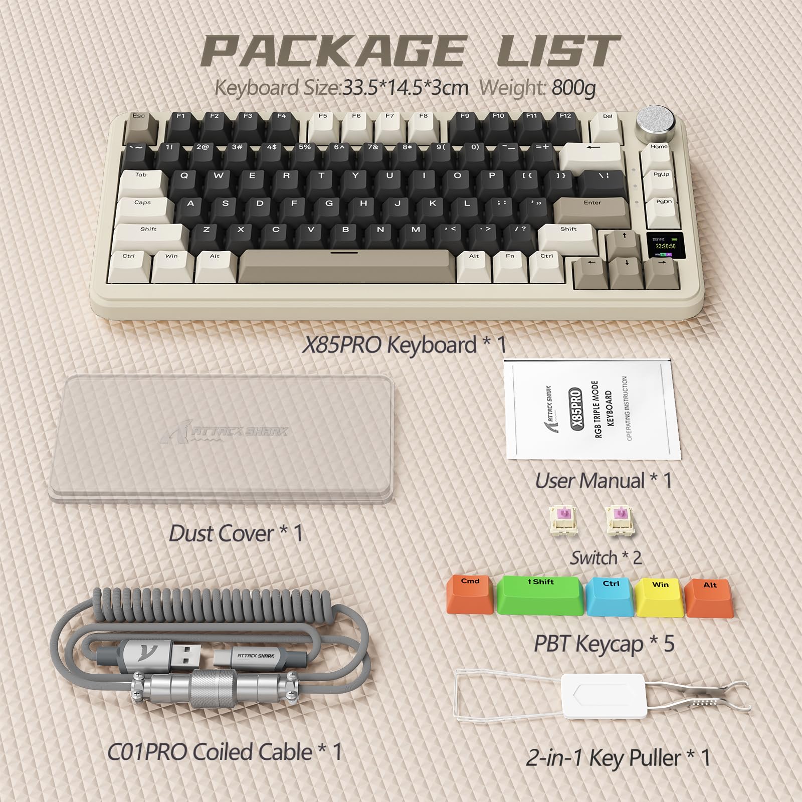 MAMBASNAKE x ATTACK SHARK X85PRO Klawiatura Mechaniczna Gasket, 75% Bezprzewodowa Klawiatura Gamingowa z TFT Screen i CNC Knob, 2,4GHz/BT5.1/USB-C, 5 Layer Padding,Hot-Swap Linear Switch,do PC,MAC,QMK