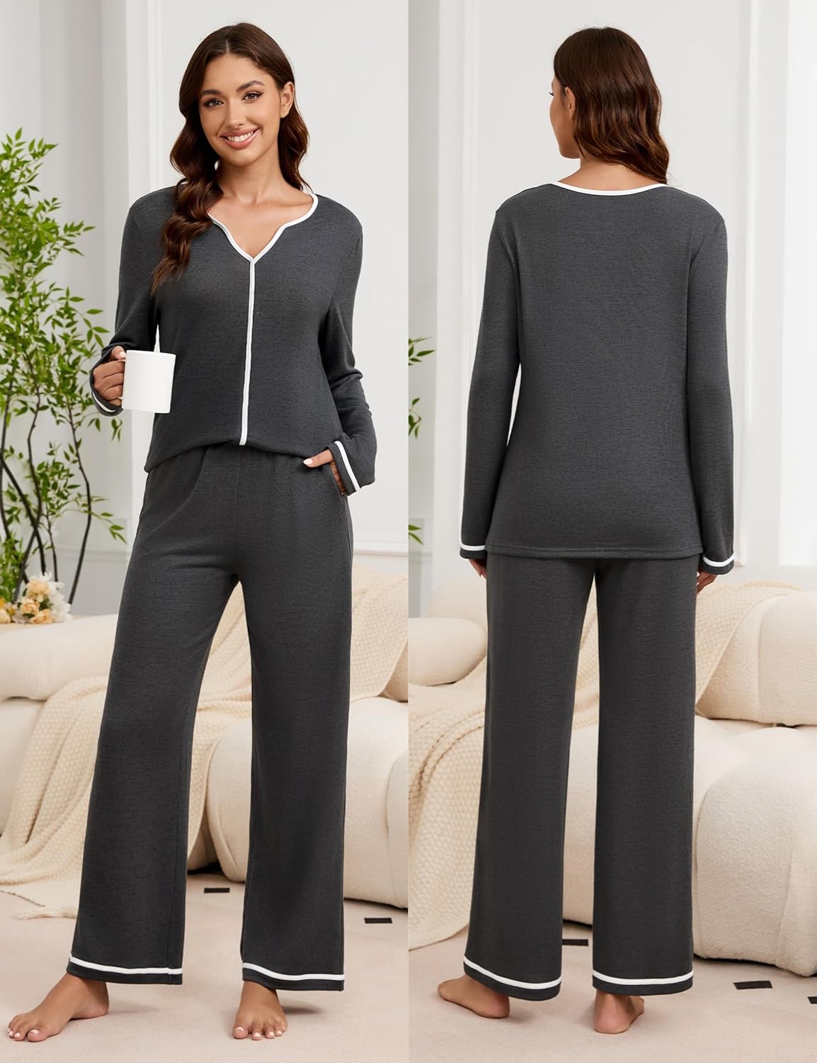 Blooming Jelly Womens 2 Piece Color Block Pajama Set Soft Fall V Neck Lounge Sets Wide Leg Pants Sleepwear Pockets - Image 3