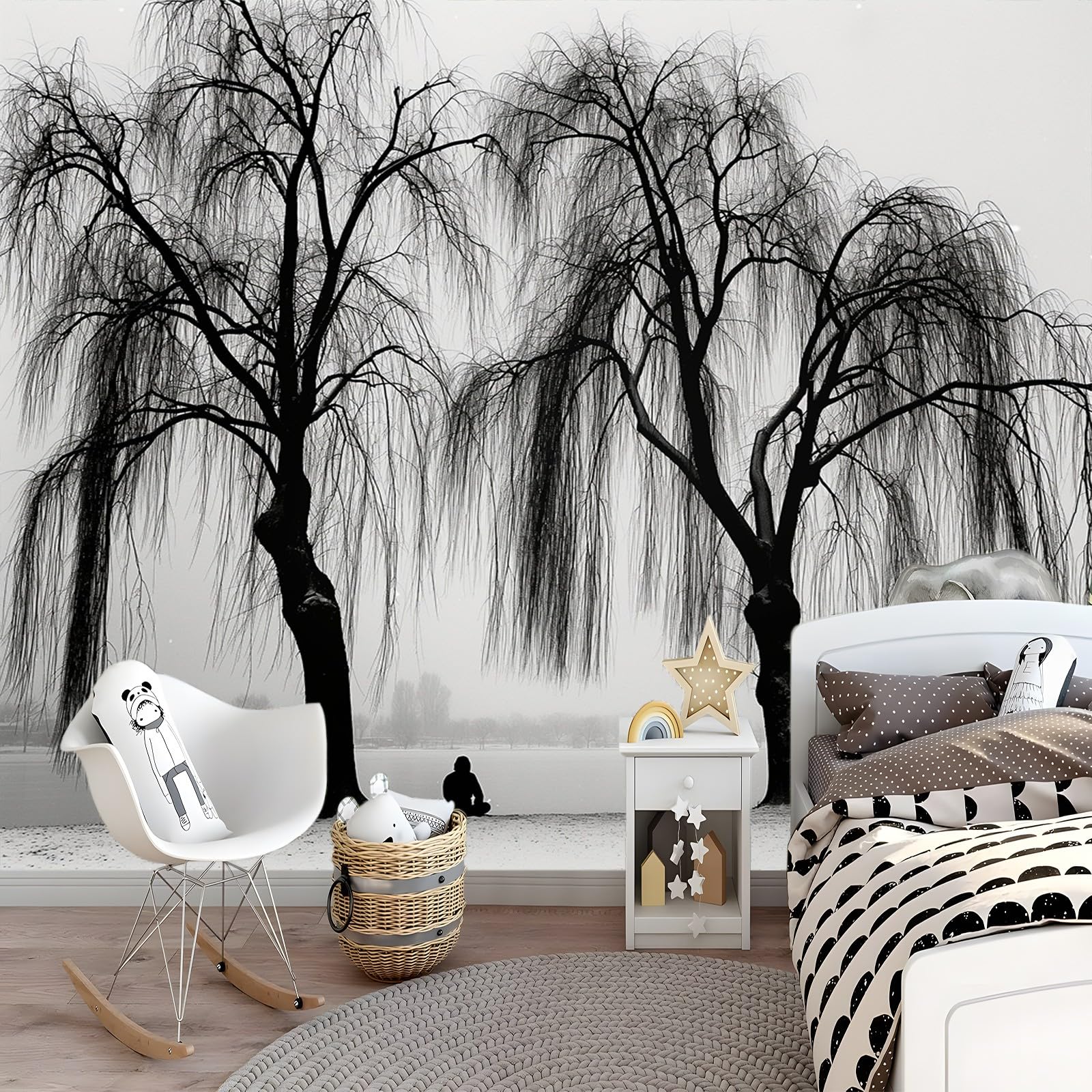 Tapeta 350 x 256 cm, tapeta z włókniny, proste drzewo, wierzba płacząca, dekoracja, wodoszczelna, folia ochronna na ścianę, do sypialni, salonu, fototapeta, czarno-biała, wraz z poradnikiem do