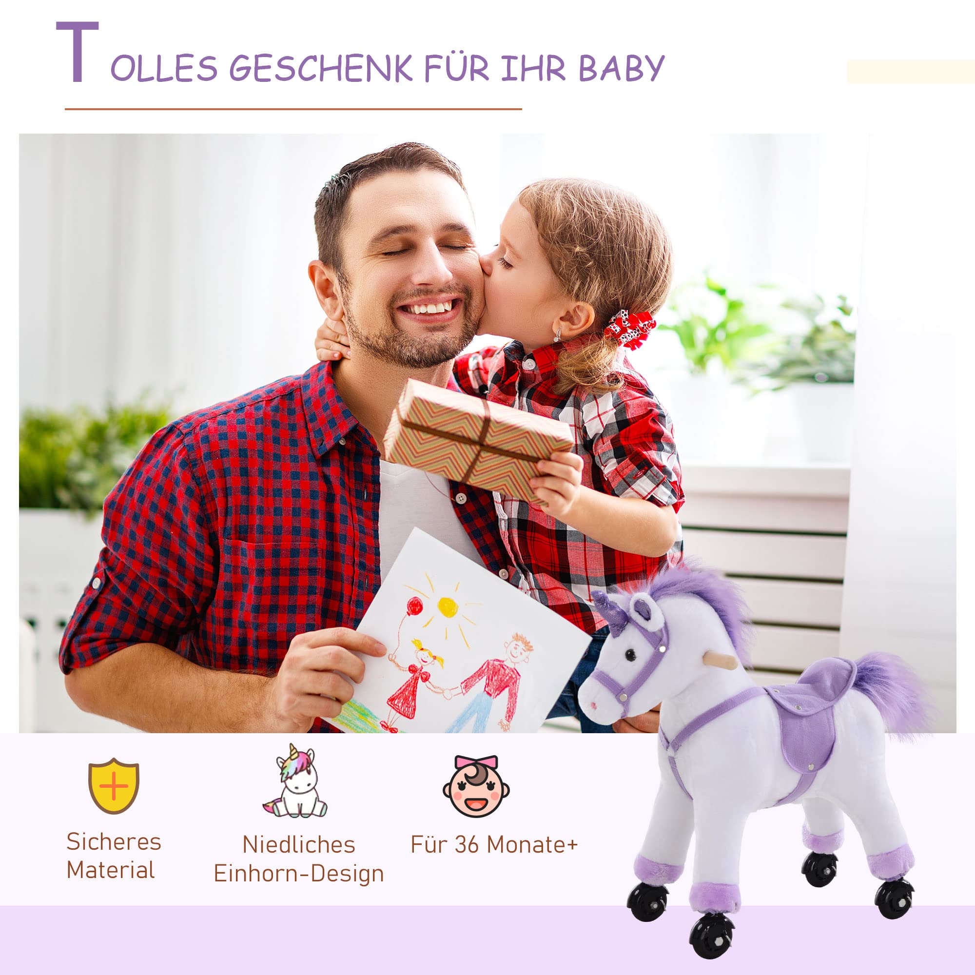 HOMCOM Reitpferd auf Rollen 60 cm Stehpferd mit Sattel, Sound Spielpferd zum Reiten Draufsitzen Schaukeltier Plüsch Pferd für Kinder ab 3 Jahre, Schaukelpferd Indoor Outdoor Lila