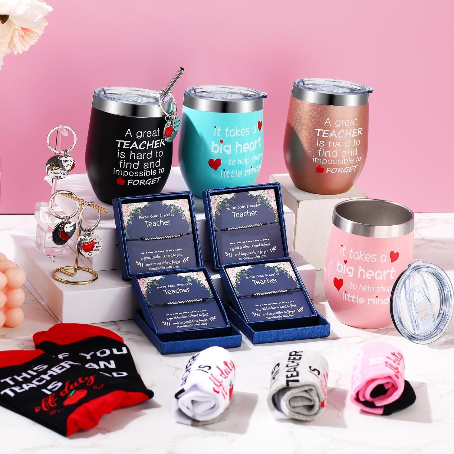 Geiserailie 16 Pcs Christmas Teacher Appreciation Gifts Set Wine Tumblers with Lid Brush Funny Unisex Socks Morse Bracelets and Heart Keychains for Christmas Teacher's Day (Cute) - Image 5