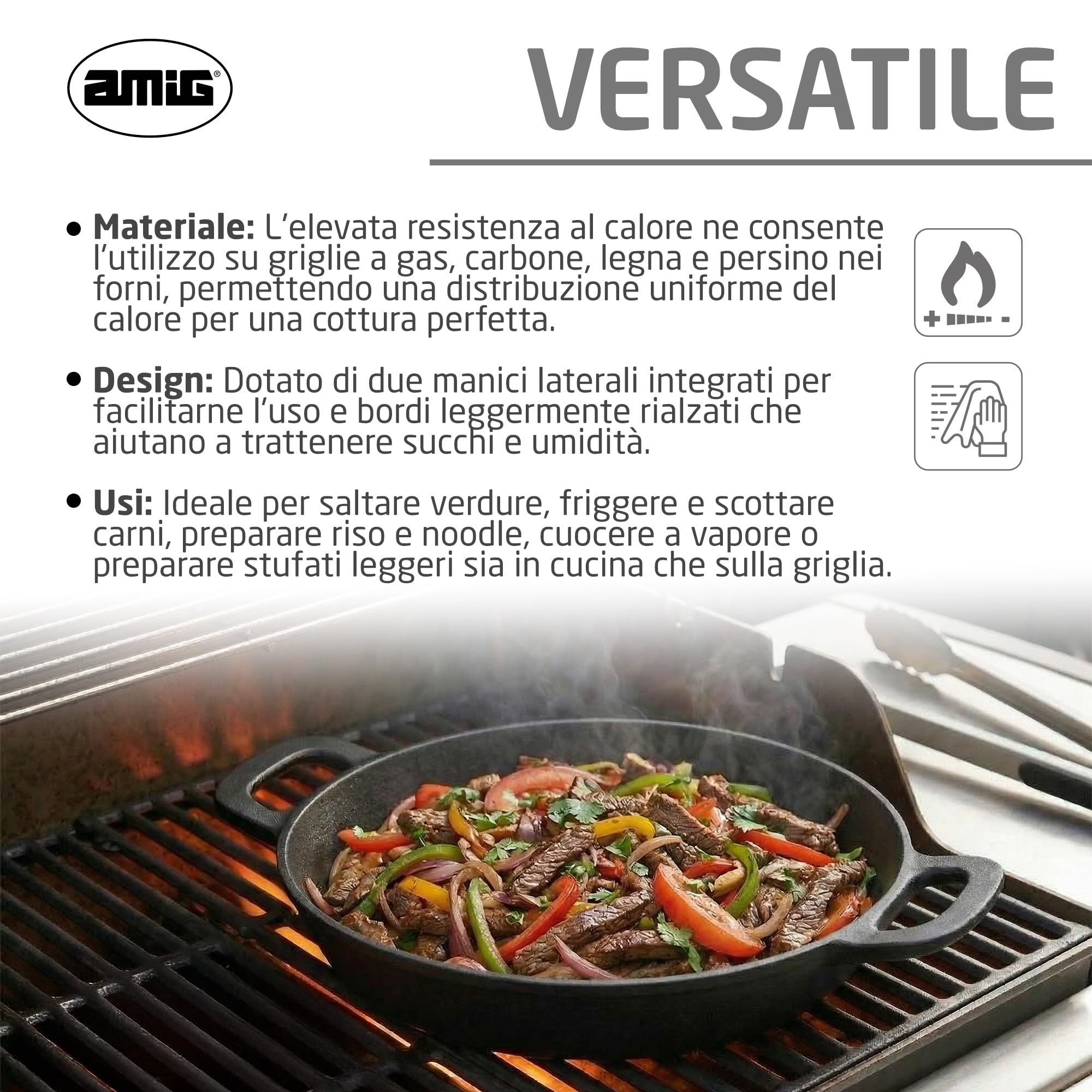 Amig - Wok in Ghisa - Ø31 cm - Distribuzione Uniforme del Calore e Alta Resistenza - Per Barbecue a Carbone o Gas - Mod. AM38