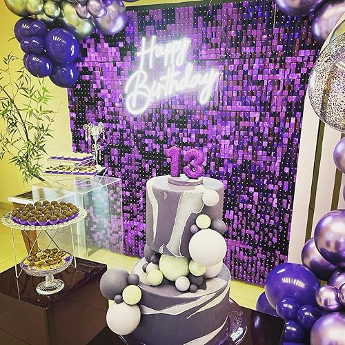 Miniatura 5 de Fondo de pared con brillo morado, 24 paneles cuadrados de lentejuelas brillantes, fondos de fotos para cumpleaños, aniversario, boda, graduación y