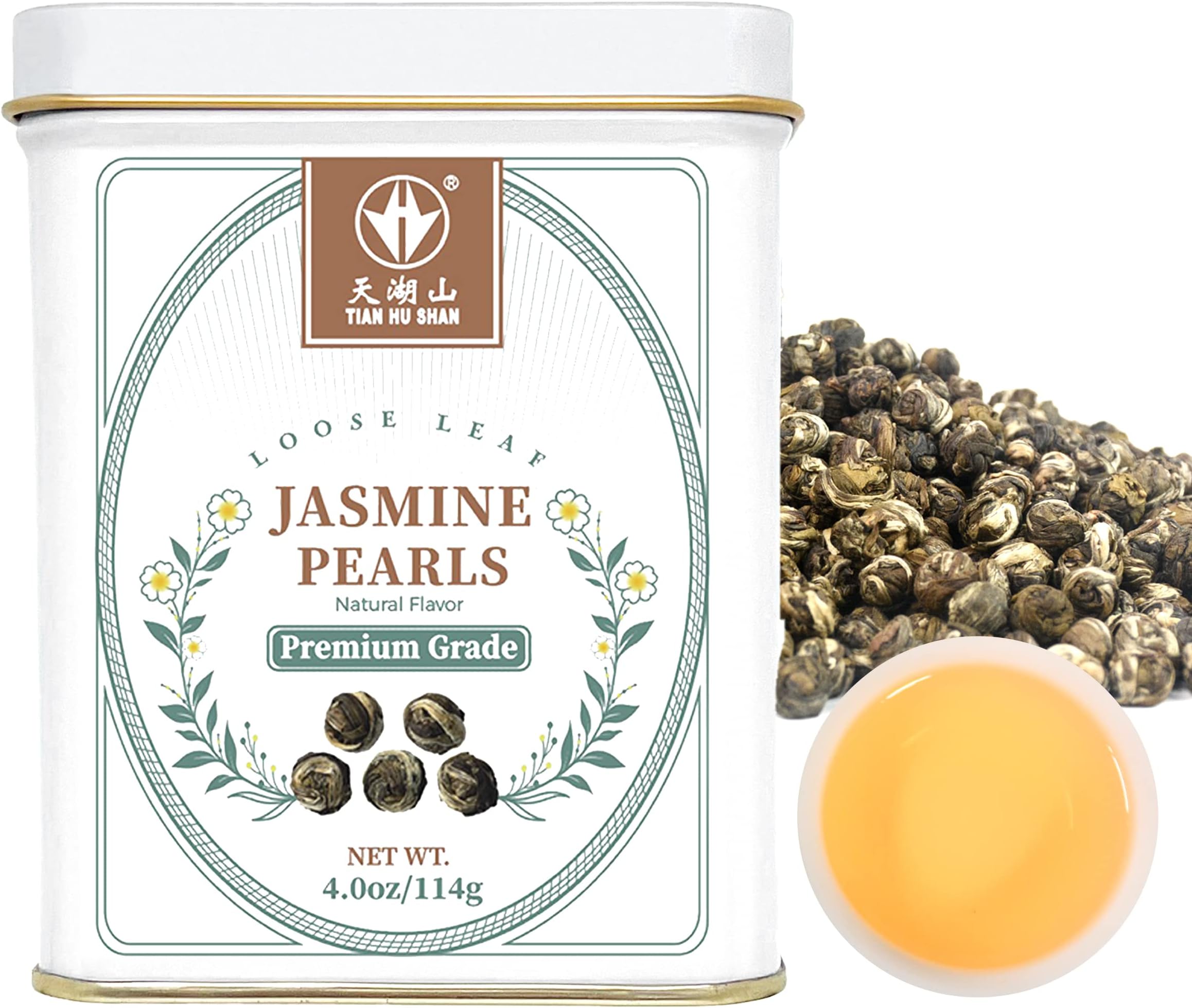 TIAN HU SHAN Jasmine Tea Jasmine Dragon Pearls Green Tea Loose Leaf 4oz (114g) Tin