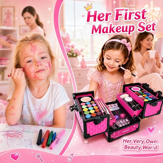 59 Pcs Kids Makeup Toys Kit for Girl, Non-Toxic Real Washable Pretend Set