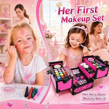 59 Pcs Kids Makeup Toys Kit for Girl, Non-Toxic Real Washable Pretend Set