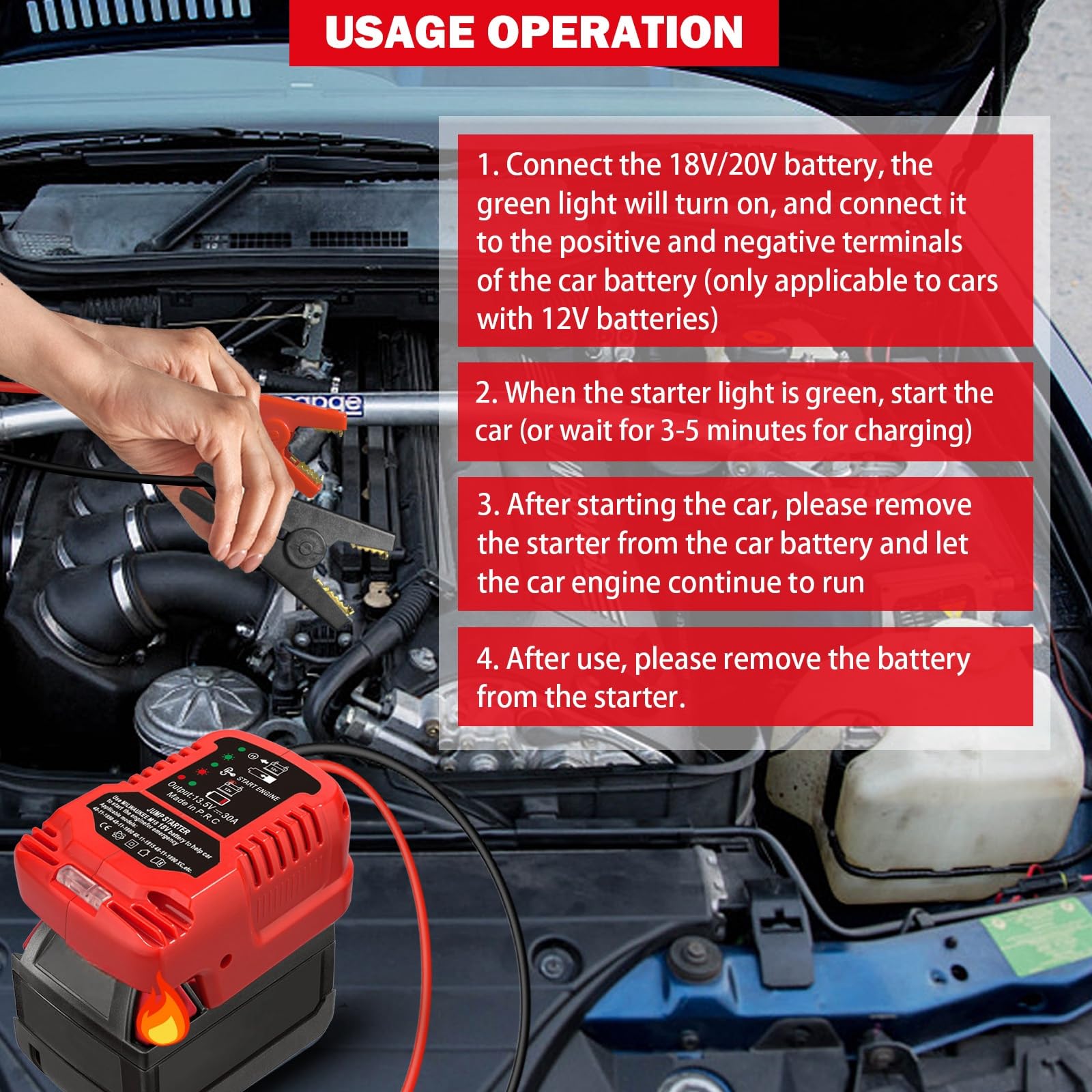 Milwaukee M18 Battery Jump Starter Cable - 3.28ft 8AWG Booster Clamps With Adapter | Jump Start Your Car Using Milwaukee Tool Batteries