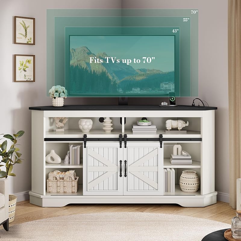YITAHOME 63" Corner Farmhouse TV Stand with Barn Door, Mount, White Black image 2