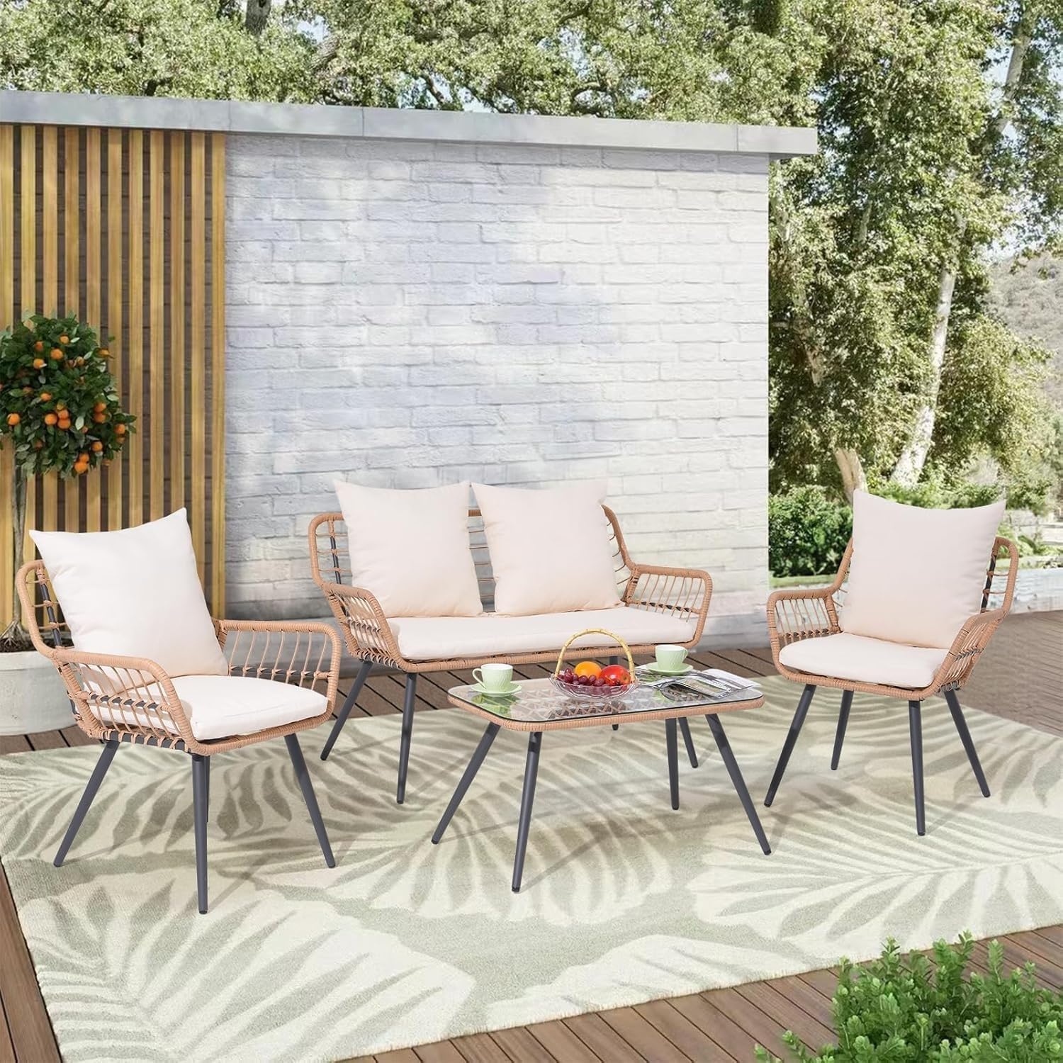 4 Pieces Patio Furniture Set Outdoor Wicker Patio Conversation Sets Boho Loveseat 2 Armchairs with Cushion and Pillow Tempered Glass Table for Porch Deck(Cream White)