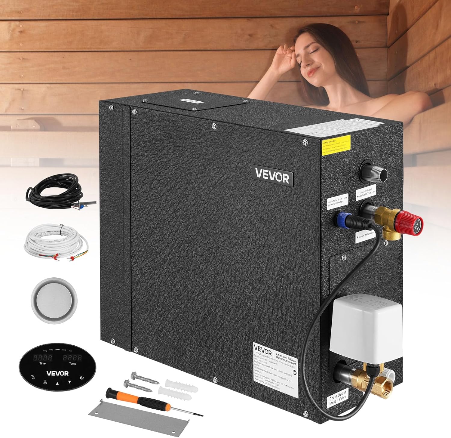 VEVOR Steam Generator, 6 kW Steam Shower System with Controller for Home Sauna Bath Spa, Commercial Auto Drain Kit with Overheat, Dry-Run & Overpressure Protection, 10 Min to 24h Efficient, Black