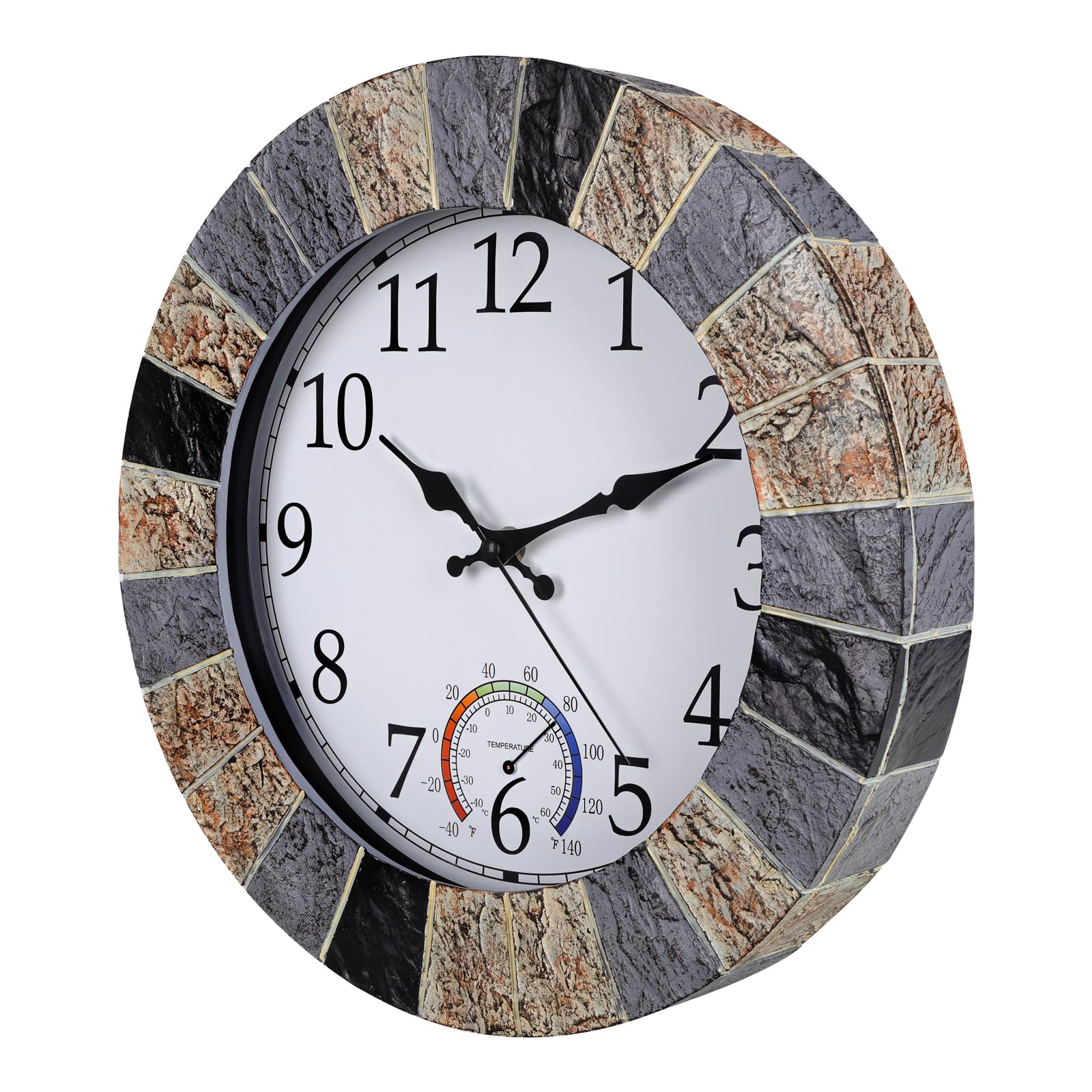 Horloge murale d'extérieur étanche avec thermomètre - 33 cm - Silencieuse et rustique - En résine résistante aux intempéries - Pour terrasse, piscine, jardin, porche, fausse pierre marron