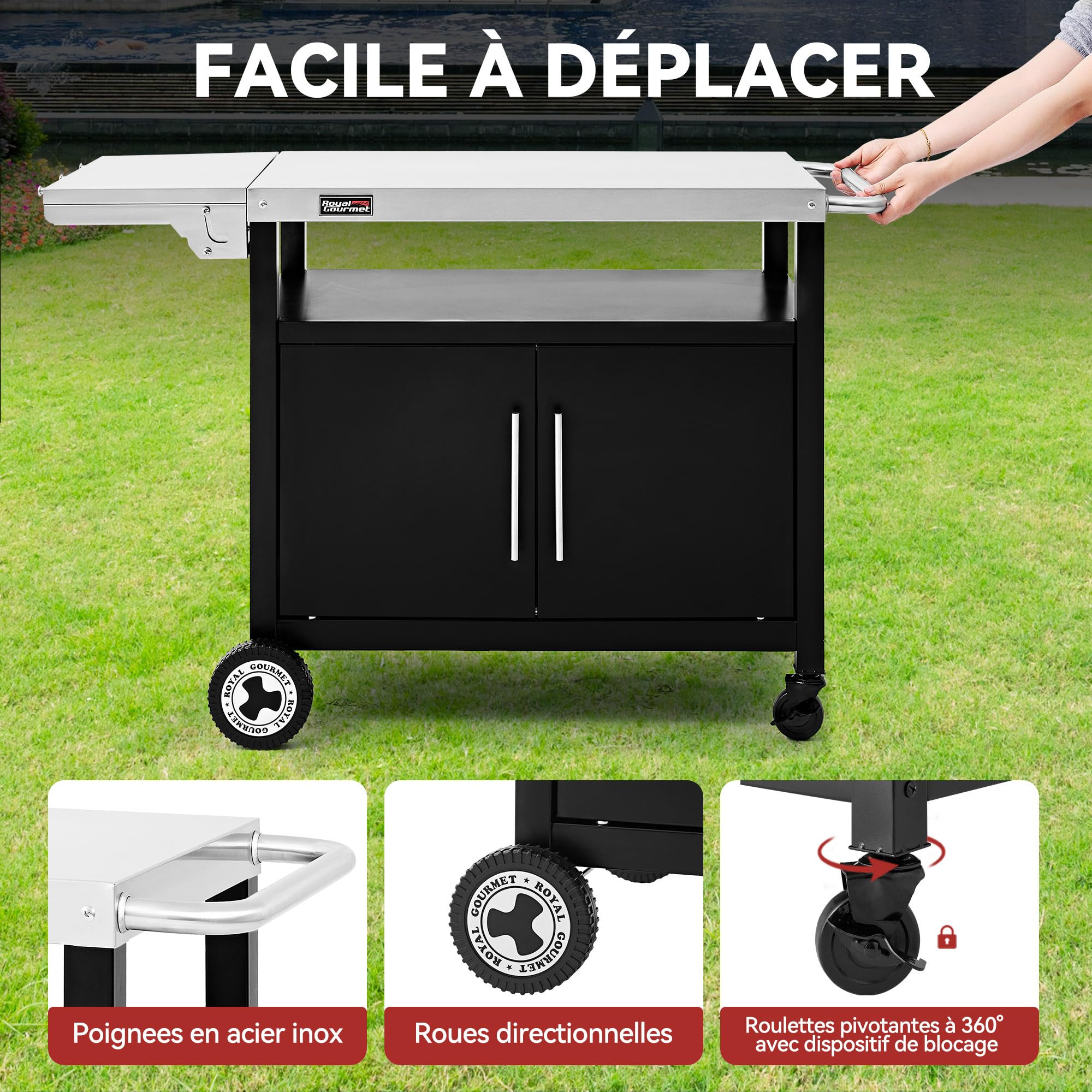 Royal Gourmet Chariot de Barbecue avec Porte d'Armoire, Desserte Extérieure pour Plancha avec Dessus de Table en Acier INOX 85 x 50cm et Table d'Appoint Pliable de 30 x 50cm, pour Cuisine et Jardin