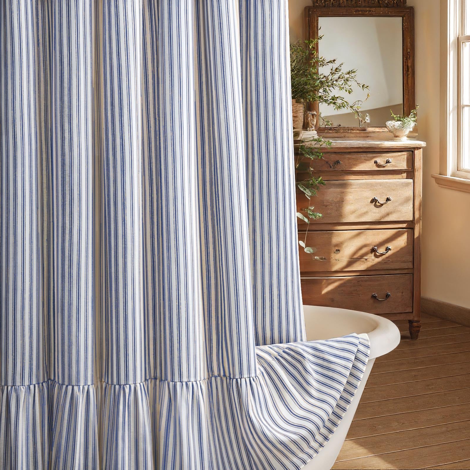 XOGUIBO Farmhouse Shower Curtain with Ruffle Hem Linen Shower Curtains for Bathroom Country Vintage Rustic Natural Fabric, Cream-Blue Stripe 60" W x 72" L