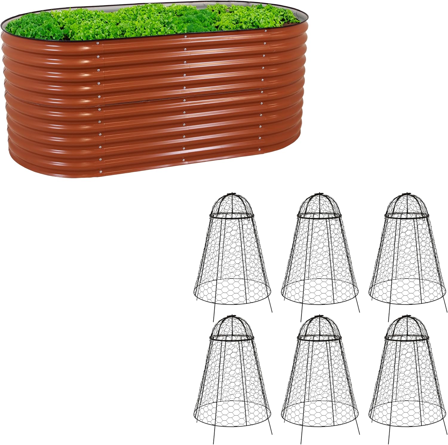 Sunnydaze 79” Brown Stackable Oval Raised Garden Bed and 6-Pack Chicken Wire Plant Protector Cage with Removable Cover