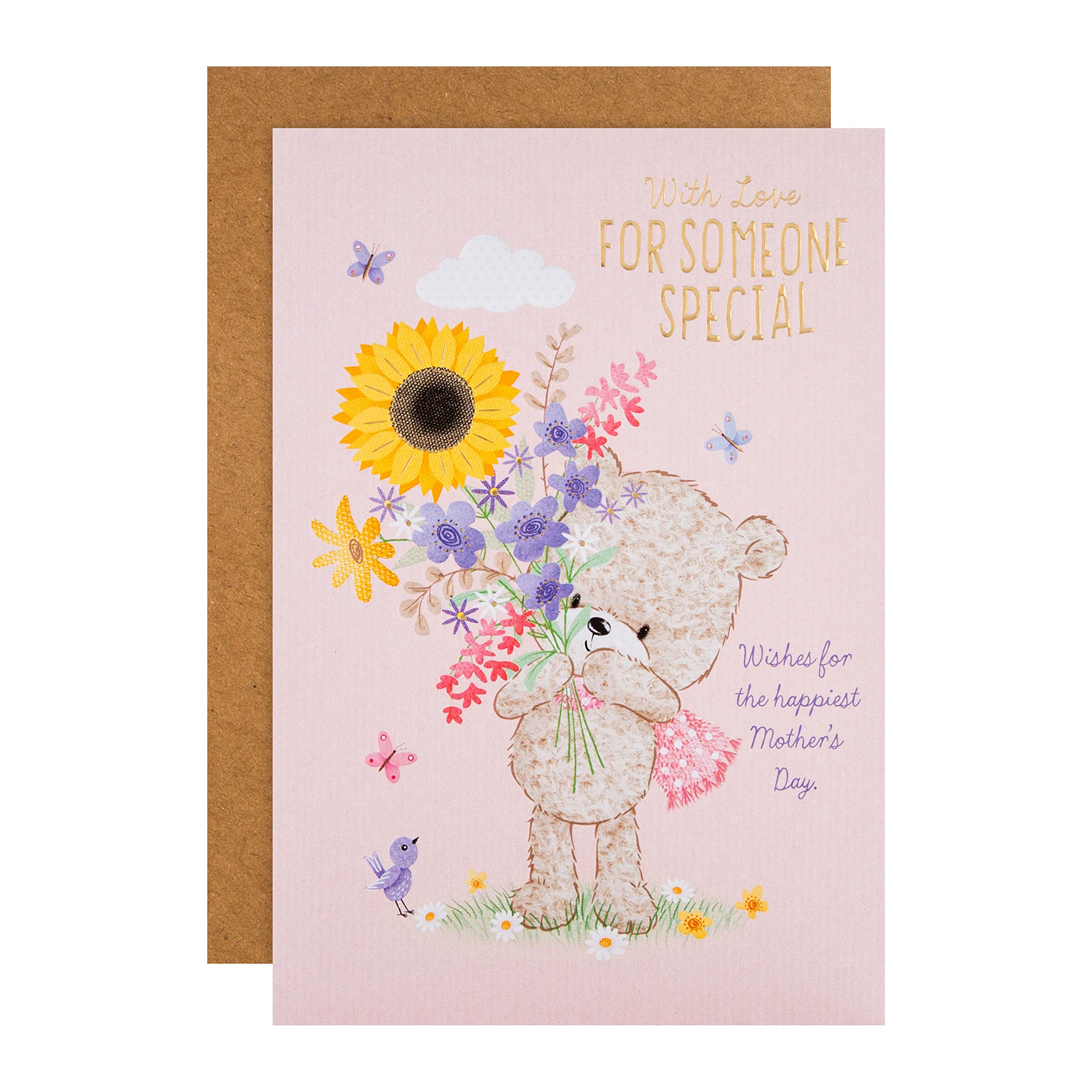 Hallmark Mothers Day Card for Someone Special, Cute Hugsworth Bear Design with Flowers & Butterflies, Pink