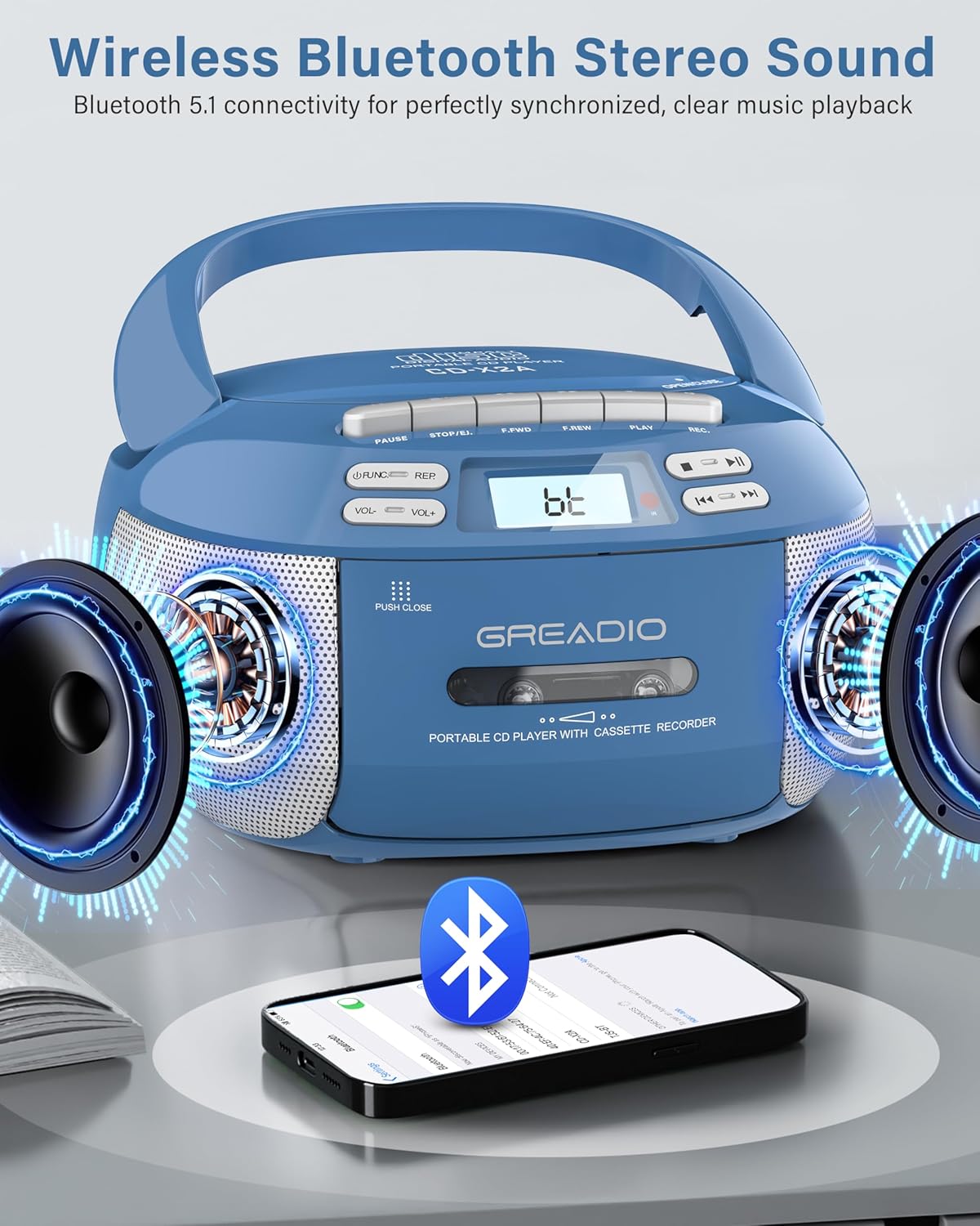 Greadio Boombox wirelessly connected via Bluetooth to a smartphone, with sound waves emanating from the speakers.