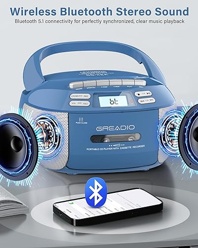 Miniatura 5 de Greadio Boombox - Reproductor de CD y cassette, Boom Box, reproductores de CD portátiles para el hogar con Bluetooth, compatible con radio AM FM,