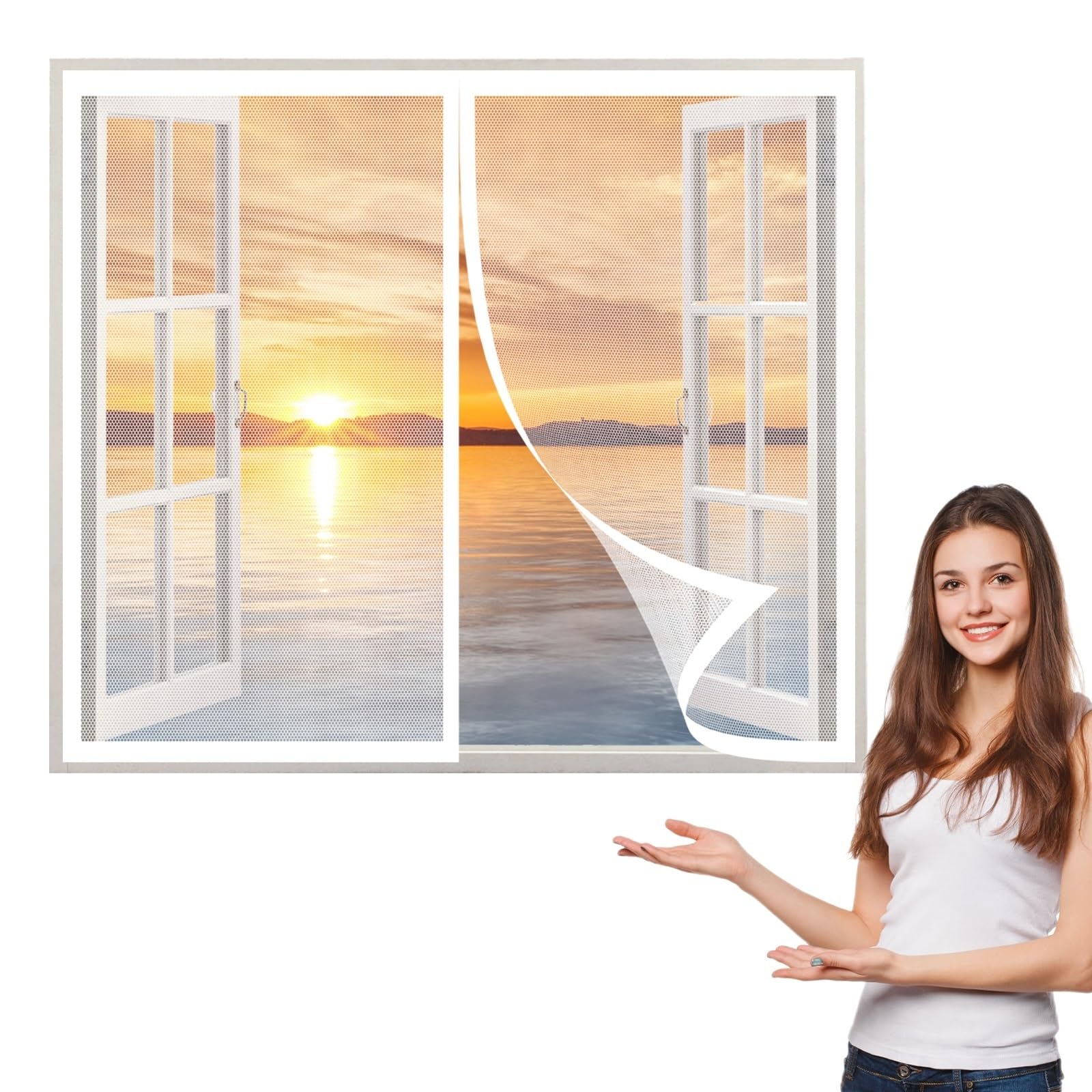 Amzero White Magnetic Fly Insect Screen Window 110 X 145 Cm(43 X 57Inch), Reinforced Anti-Tearing Insect Fly Mesh, Lets Fresh Air In For Front Window And Home Outside Kids Pets,