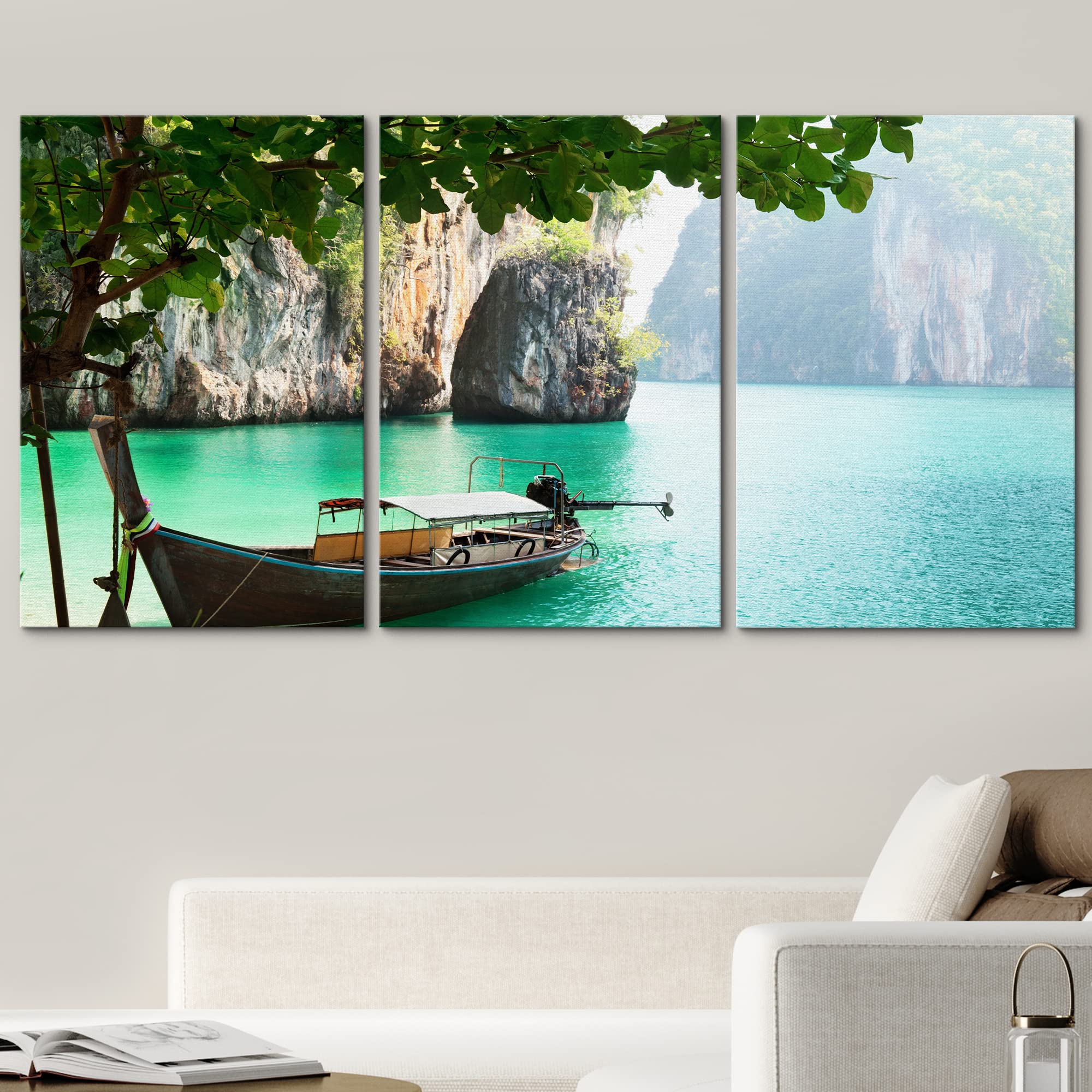 wall26 - 3 Piece Canvas Wall Art - Long Boat on Island in Thailand - Modern Home Art Stretched and Framed Ready to Hang - 24