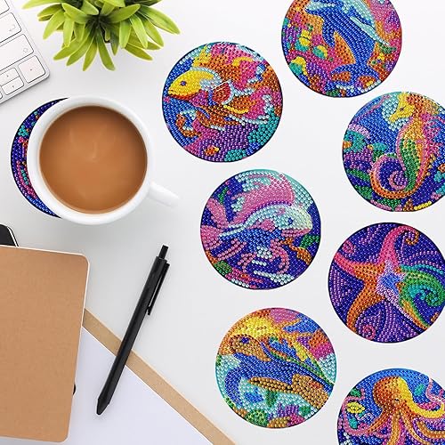 Miniatura 3 de Juego de 8 posavasos de pintura artística de diamantes con soporte para bricolaje criaturas del fondo marino, posavasos de arte de diamante,