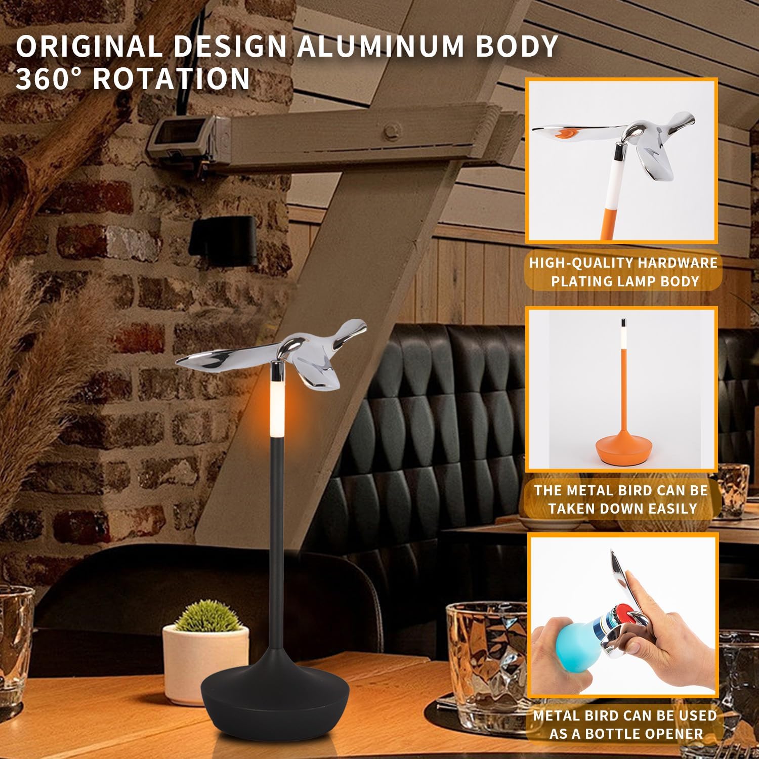 Cordless Table Lamp with Bottle Opener, Rechargeable LED with Funny Bird Corkscrew,Touch Dimmable Bedside for Restaurants and Dining Home Indoor/Outdoor，Children's gifts，Art Deco，Bar Accessories
