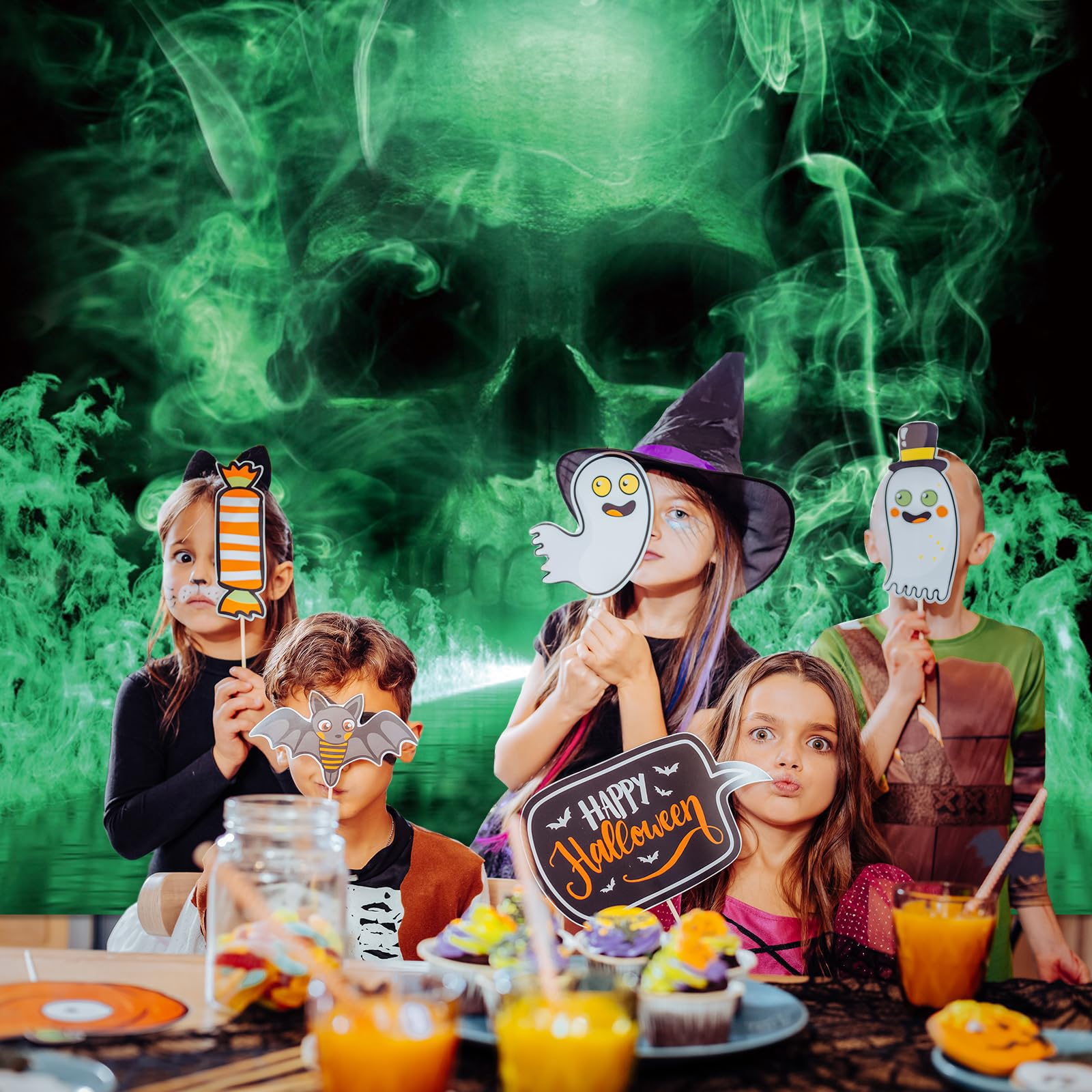 Halloween tło fotografia 3,7 x 2,4 m horror czaszka tematyczne dekoracje imprezowe fajna czaszka fantazja szkielet zielone czarne tło Halloween baner materiały do budki fotograficznej dla dzieci