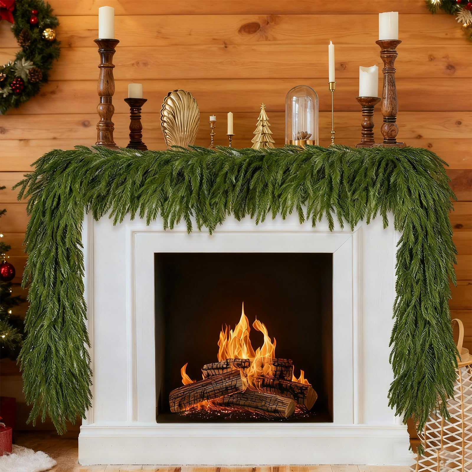 6ft artificial norfolk pine garlands, real touch winter christmas pine tree wreath, green artificial greenery garland for christmas holiday seasonal indoor home decor mantle