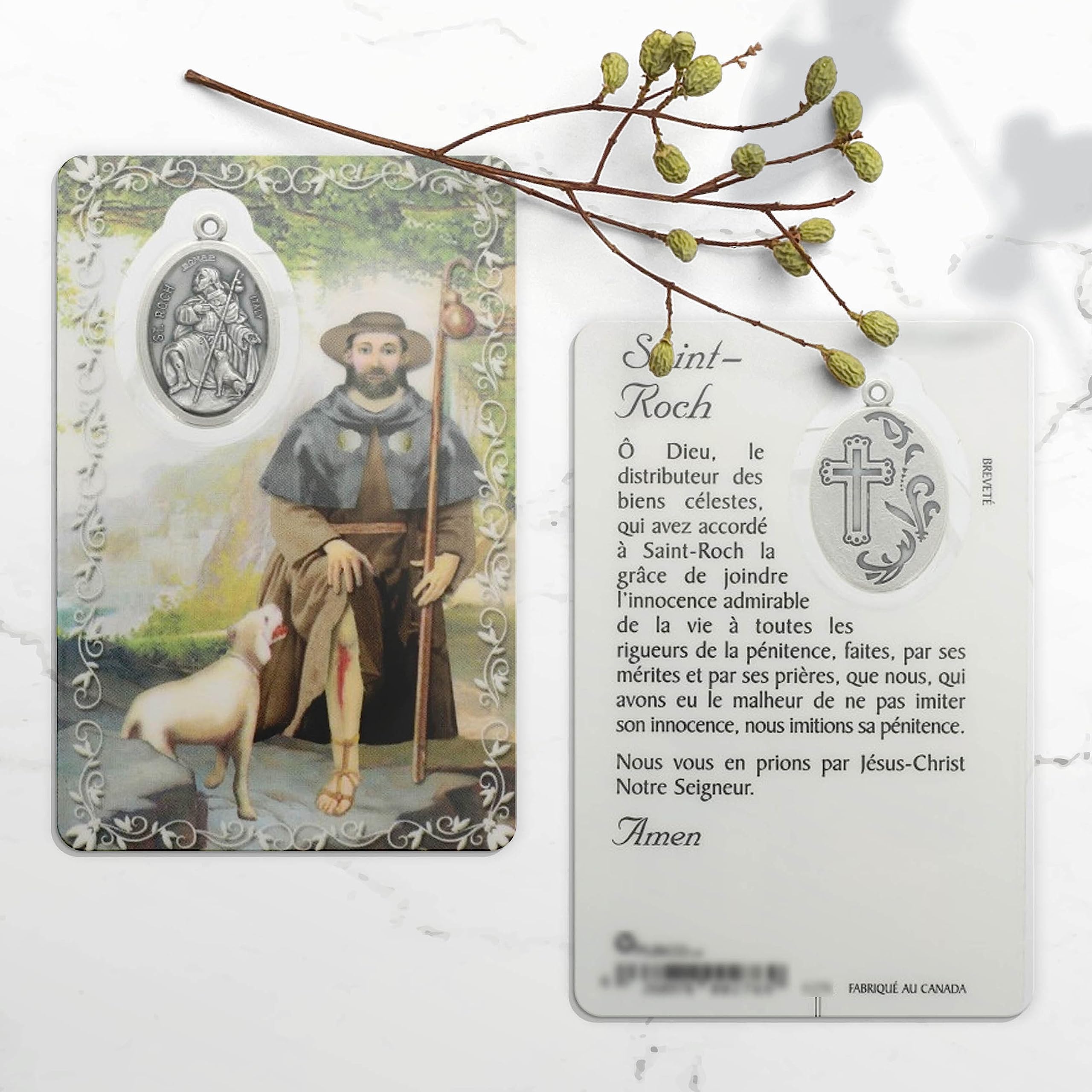 Saint Roch Prayer Card with Medal - Religious Image - Christian Catholic Worship Plastic
