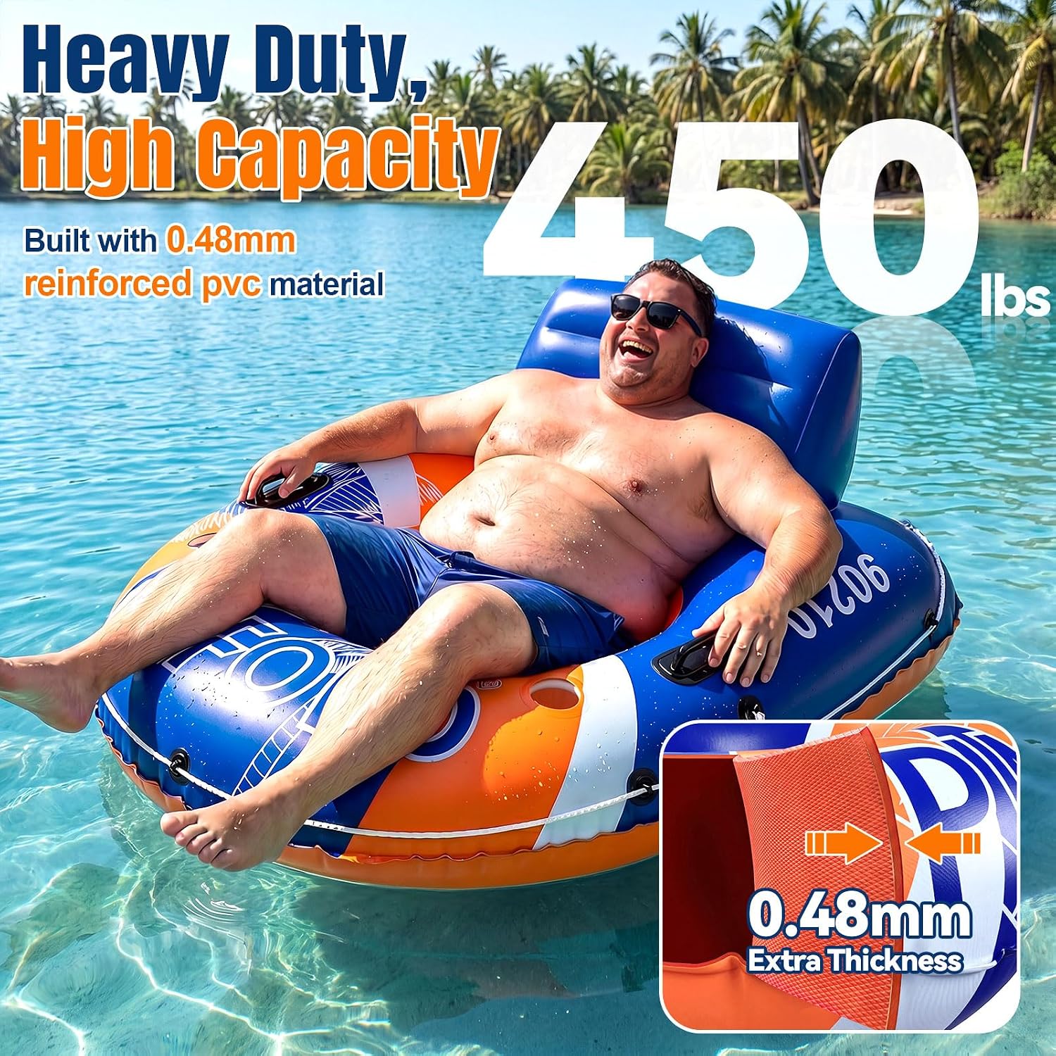 PAFOLO Pool Floats for Adult, 53” 450lb Heavy Duty River Tubes for Floating with Cup Holder & Double-Sealed Mesh Seat, Large Inflatable Water Floating Tube for River Lake Pool Beach