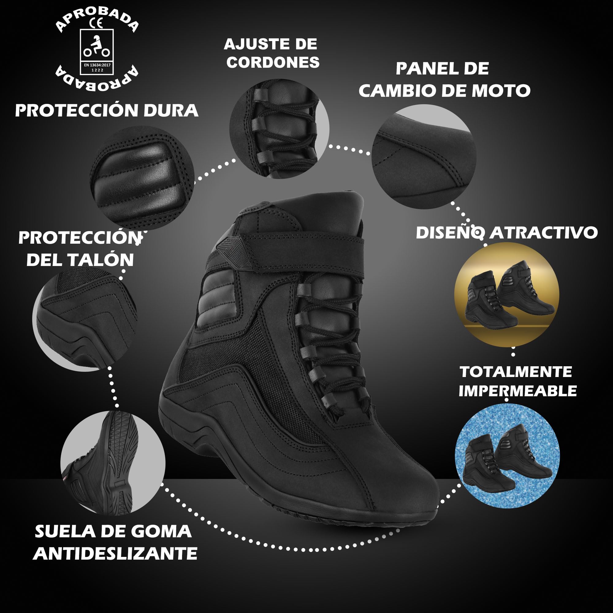 6010 - Botas de moto de cuero para hombre con suela de goma antideslizante y protección CE EN 13634:2017