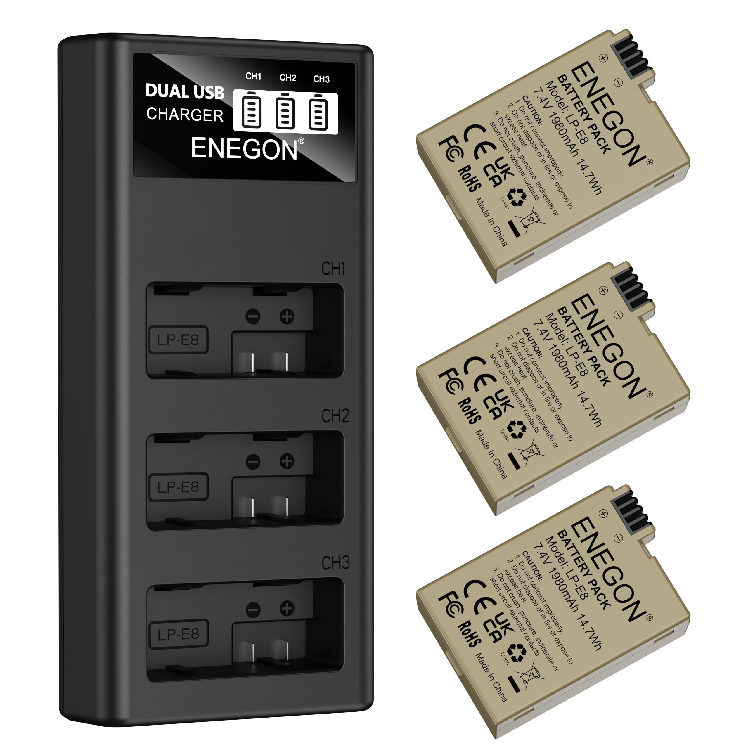 ENEGON Batterie d’Appareil Photo LP-E8 Lot de 3 (1980mAh) avec Chargeur LED à 3 emplacements, Compatible avec Canon EOS Rebel T2i, T3i, T4i, T5i / Kiss X4, X5, X6i, X7i / EOS 550D, 600D, 650D, 700D