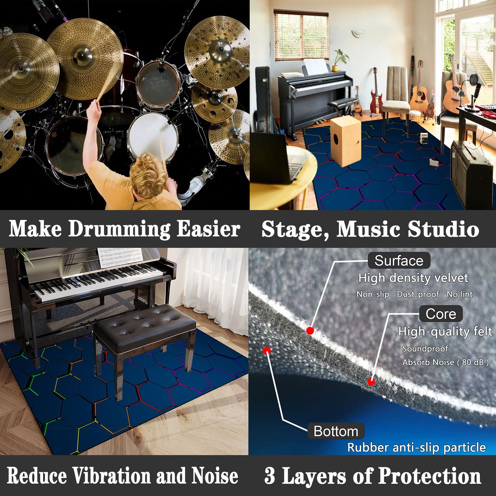 Schlagzeugteppich Drum Teppich Trommelteppich Schallschutz Akustik Schlagzeug Teppich Professionelles rechteckiges Elektronisches Jazz Schlagzeug Kit Drumteppich für Studio, Wohnung 180 x 160 cm