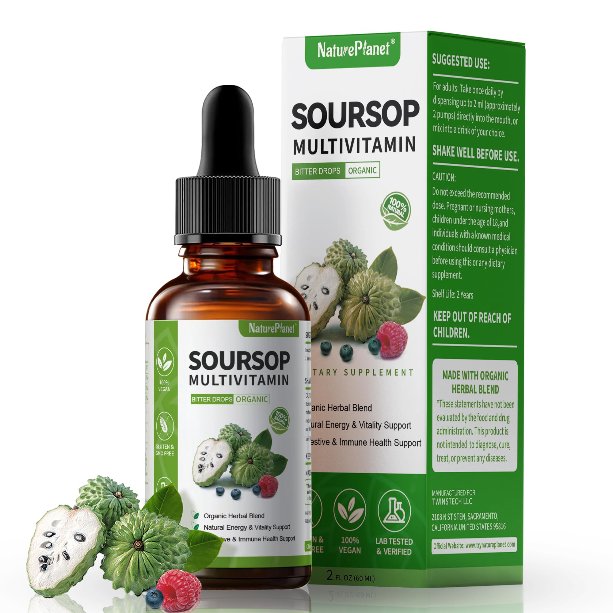 NaturePlanet Soursop Bitters Liquid Drops with Vitamin C, D3, B6, 5000mg Soursop Fruit & Leaf Extract + 10 Bitters Botanicals for Immune Support Digestive Health Antioxidant Boost丨 Vegan 2 Fl Oz