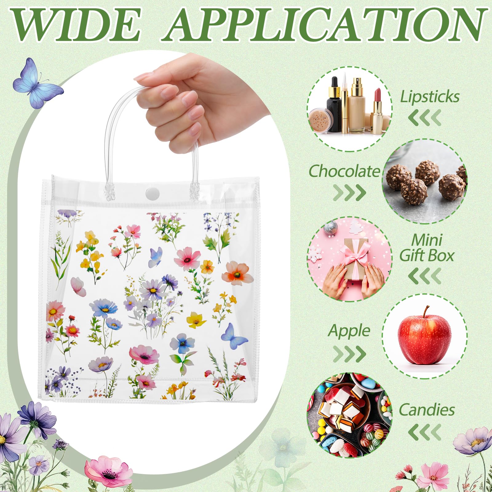 Resholder 24 Pcs Spring Floral Clear Gift Bags Wildflowers Goodie Bags with Handle 8 x 8 x 3.15 Inch Return Gift Wrap Tote for Guests Birthday Bridal Shower Wedding Tea Spring Summer Party Supplies