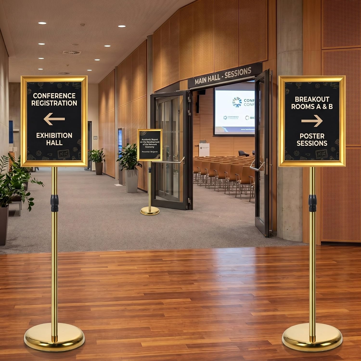 LEIFIDE 8 Pack Adjustable Heavy Duty Pedestal Sign Holder Floor Stand 8.3 x 11.7'' Adjustable Sign Holder Poster Stand with Aluminum Snap Open Frame, Screen Size A4(Gold,8.3 x 11.7'')