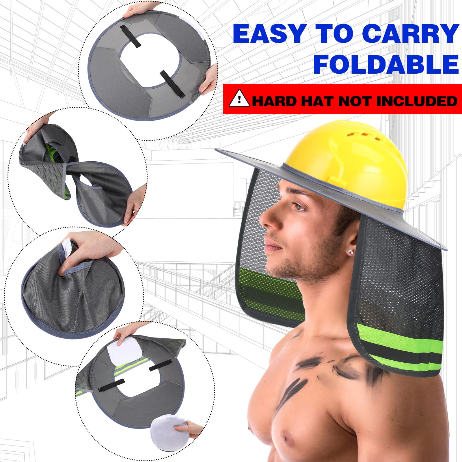 Vicenpal 20 parasoles para casco duro, visera de ala completa, visera para el cuello con tira reflectante, accesorios de casco duro, visera de casco duro de alta visibilidad para hombres y mujeres