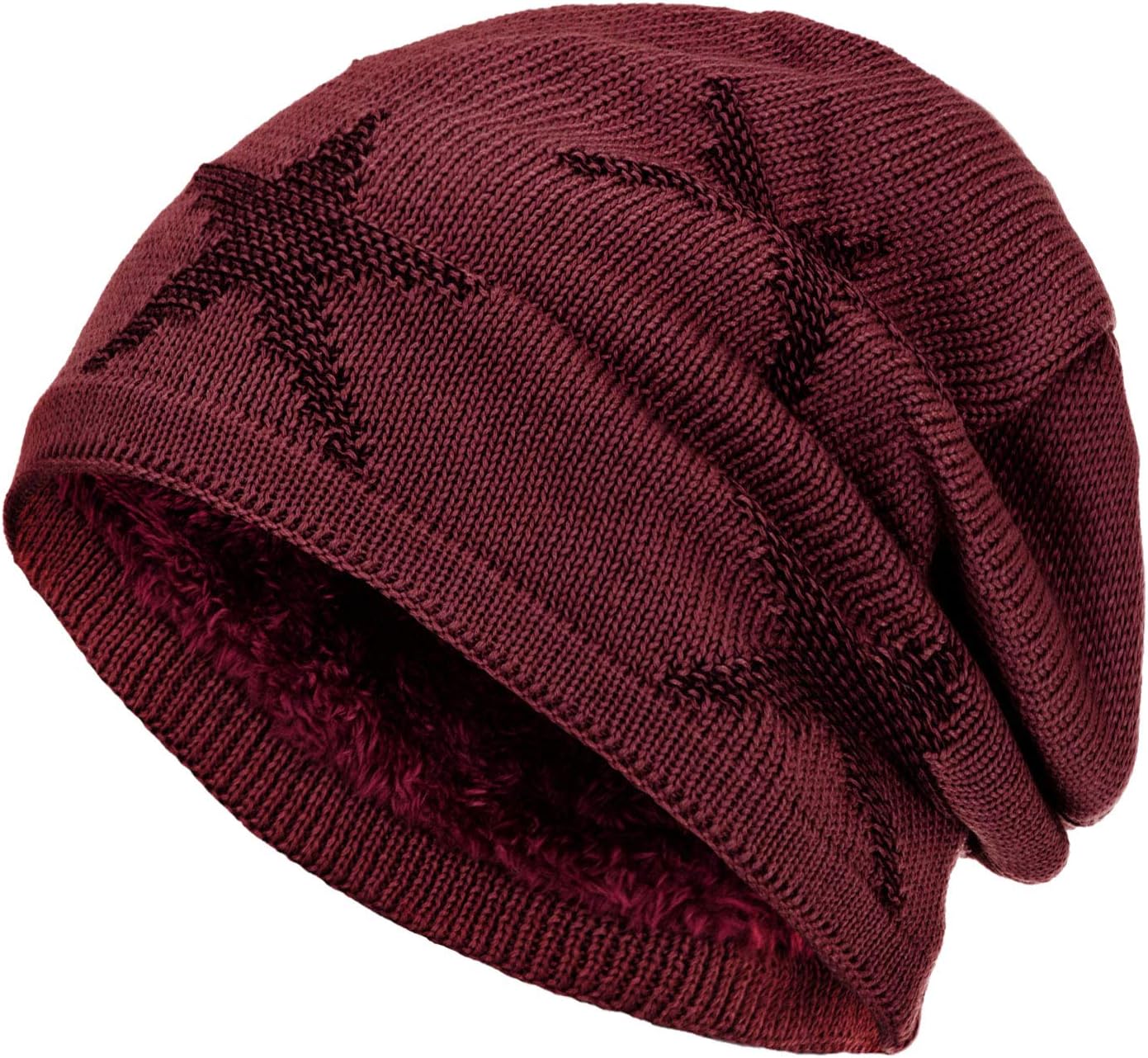 Compagno warmly lined beanie winter hat woven star coars knit pattern with a soft fleece lining
