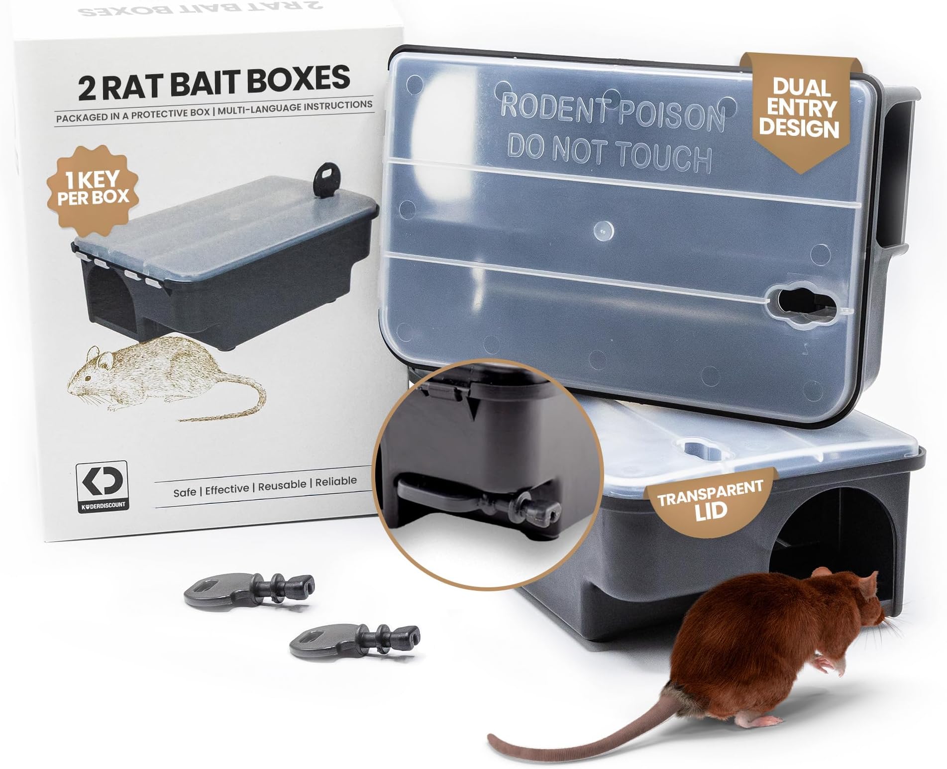 Professional Rat & Mouse Bait Station – 2 Lockable Weather-Resistant Rat Trap Boxes with Clear Lid & Dual Entry – Reusable Rodent Control (Bait Not Included)