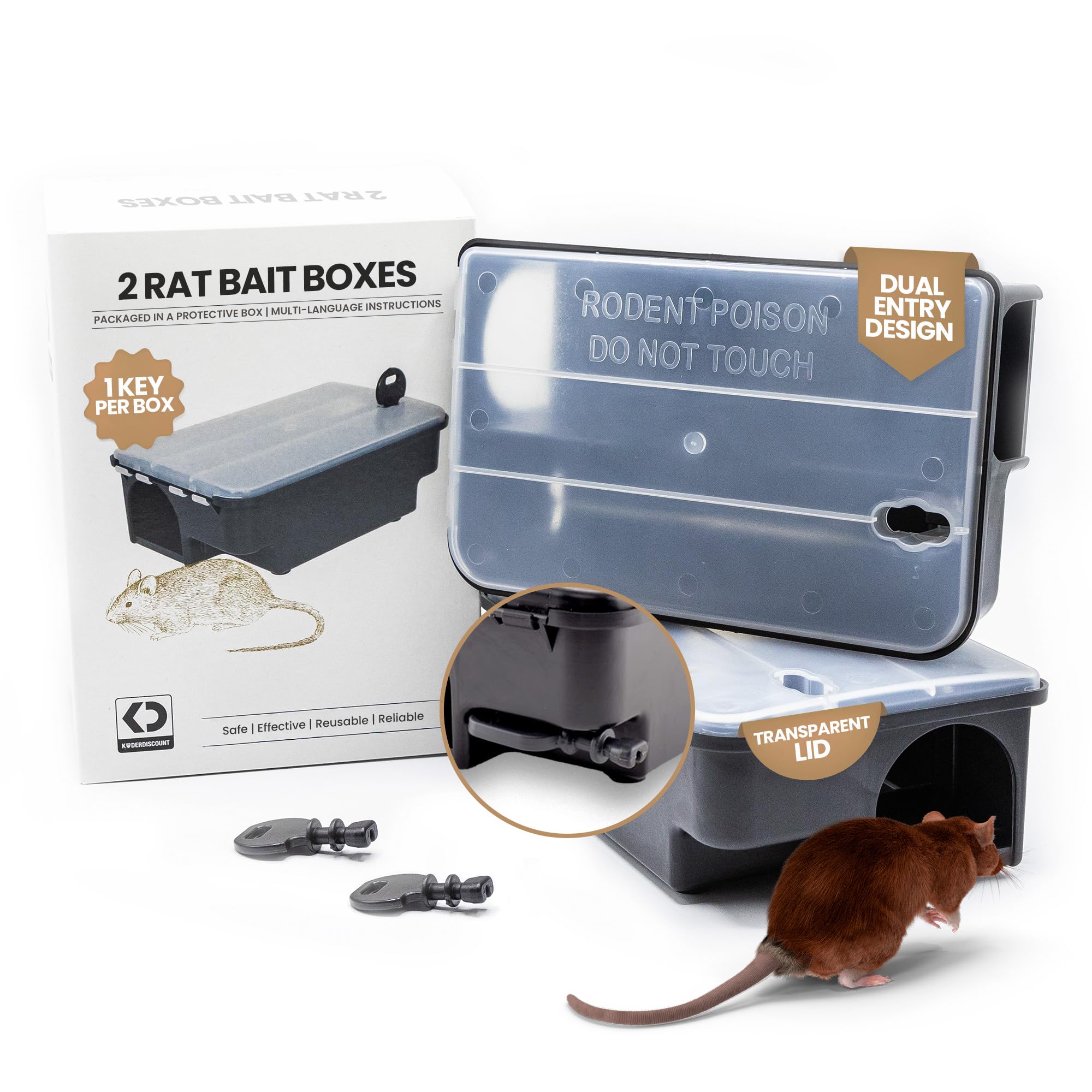 Köder-Discount Mouse & Rat Trap (Bait Not Included) – 2 Lockable Rat Bait Stations with Clear Lid & Dual Entry – Weather-Resistant, Tamper-Proof Rodent Trap to Prevent Bait Removal (8.7 x 5.5 x 3.1)
