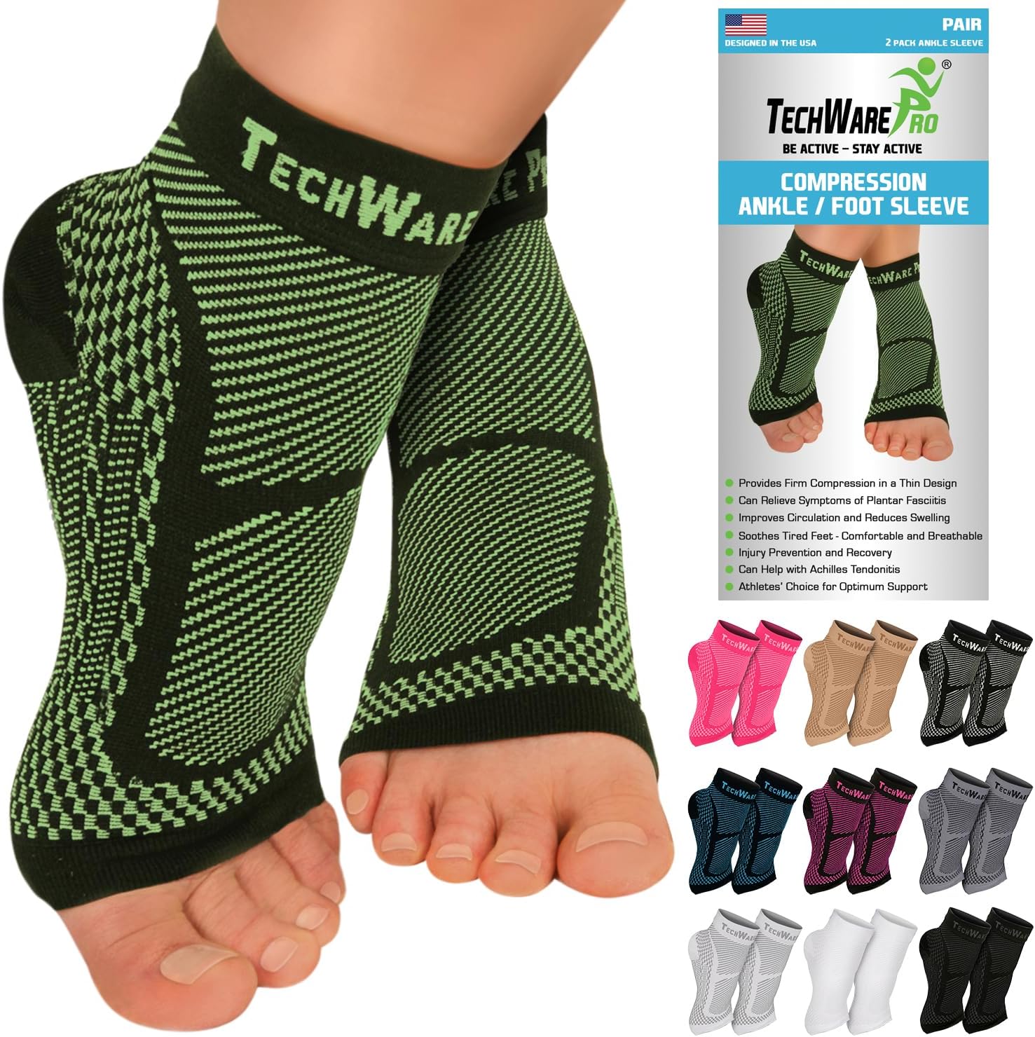 TechWare Pro Ankle Brace Compression Sleeve - Plantar Fasciitis Sock. Relieves Achilles Tendonitis. Foot Arch Support Reduces Joint Pain, Swelling & Heel Spur Pain. Injury Recovery Braces for Sports