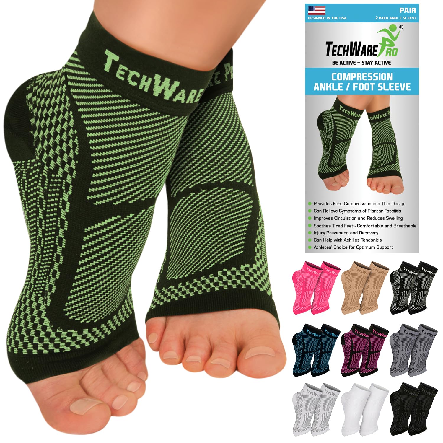 TechWare Pro Ankle Brace Compression Sleeve - Relieves Achilles Tendonitis, Joint Pain. Plantar Fasciitis Foot Sock with Arch Support Reduces Swelling & Heel Spur Pain. (Black / Green, XXL)