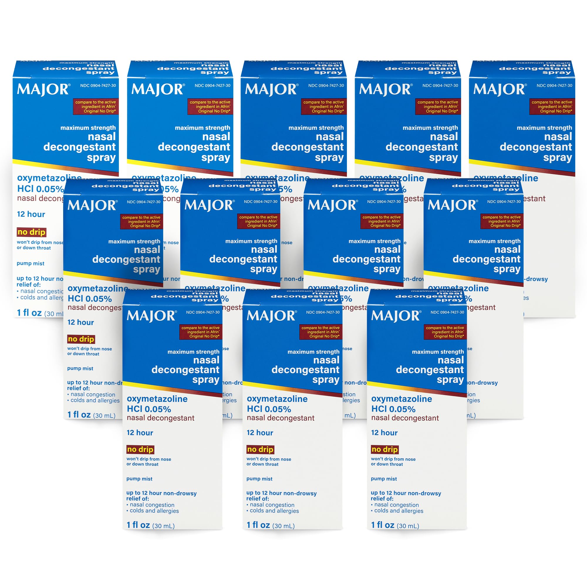 MAJOR Maximum Strength Nasal Decongestant Spray, Oxymetazoline HCl 0.05% Pump Mist, Non-Drowsy Nasal Spray, up to 12-Hour Relief from Nasal Congestion, Colds, and Allergies 1 Fl. Oz. (12-Pack)