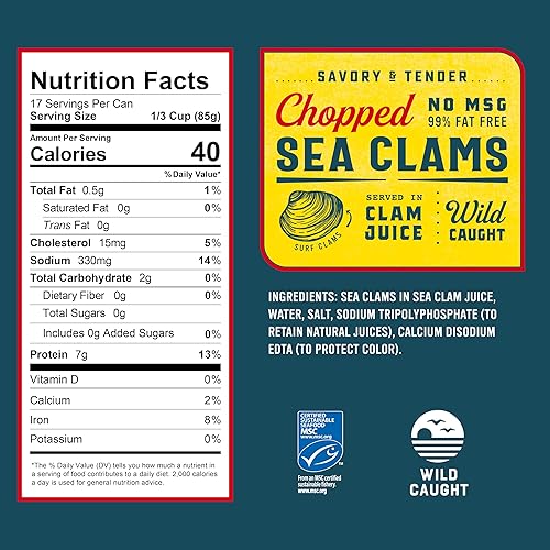 Miniatura 25 de Snow's Wild Caught Chopped Clams enlatadas, lata de 6.5 onzas (paquete de 6) – 0.18 oz de proteína por porción – Sin gluten, apto para dieta