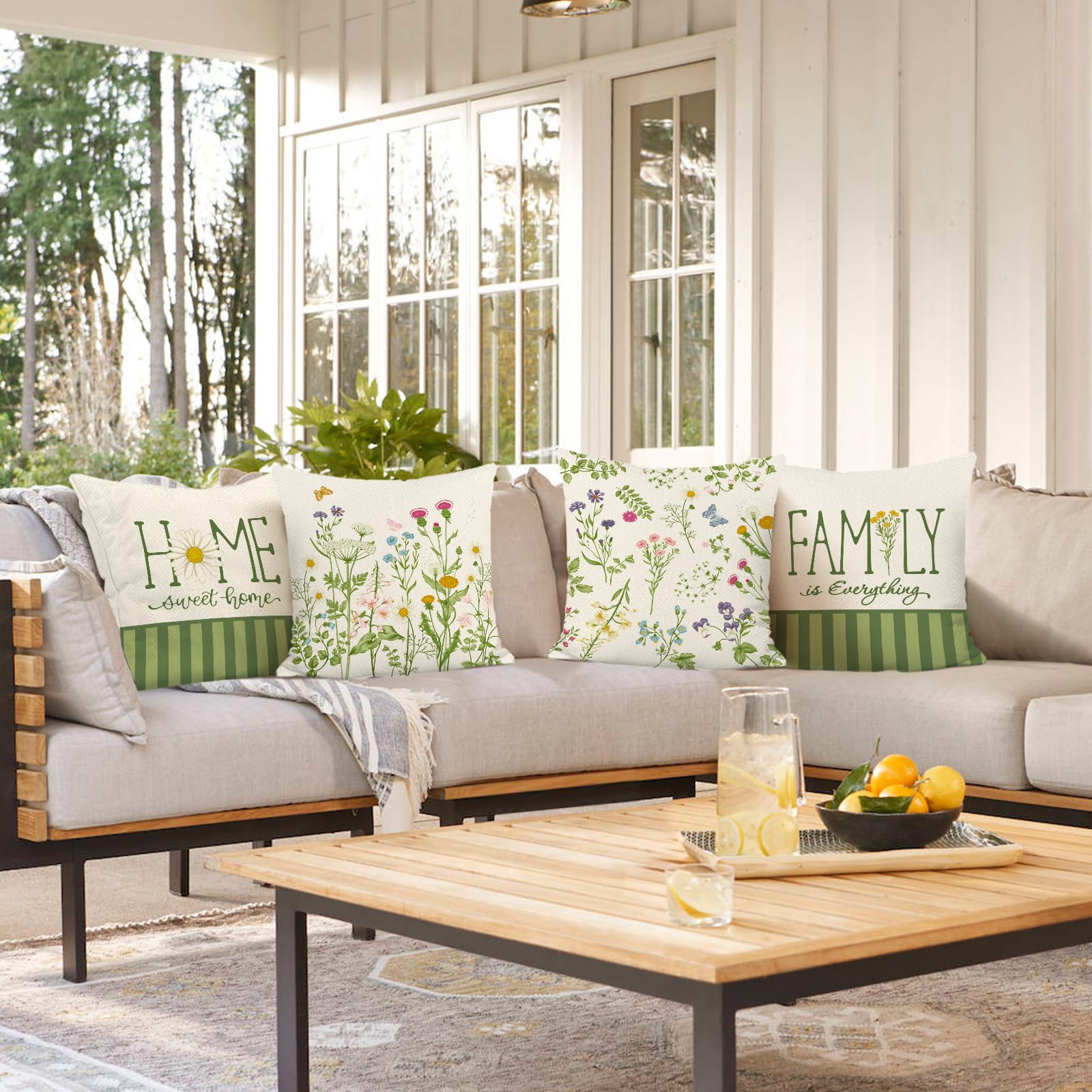 Bonhause Spring Floral Cushion Covers 45 x 45 cm Flowers Leaves Green Stripes Decorative Throw Pillow Covers for Sofa Bed Home Garden Patio Garden Outdoor Decor Set of 4 - Image 2