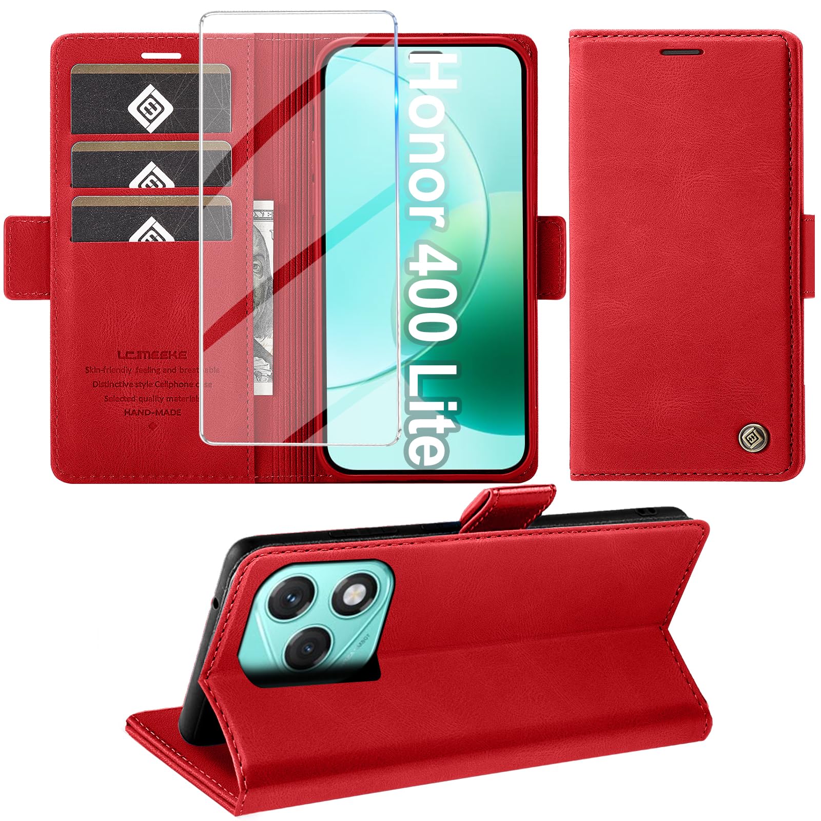 Giyer Cover per Honor 400 Lite Custodia con Vetro Temperato, Premium Pelle PU Portafoglio Slot per Scheda RFID Antifurto Funzione Supporto Flip Case, Antiurto per Honor 400 Lite 5G Cover (Rosso)