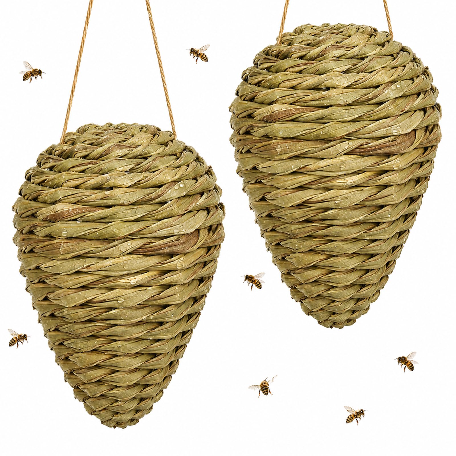 Woven Reed Crochet Wasp Nest Decoy 2 PCS, Waterproof Fake Hornet Nest Decoy Artificial Faux Hanging Hornets Hive Bee Hive Nests Wasps Deterrent Decoration for Outdoors Patio Garden Yard Home