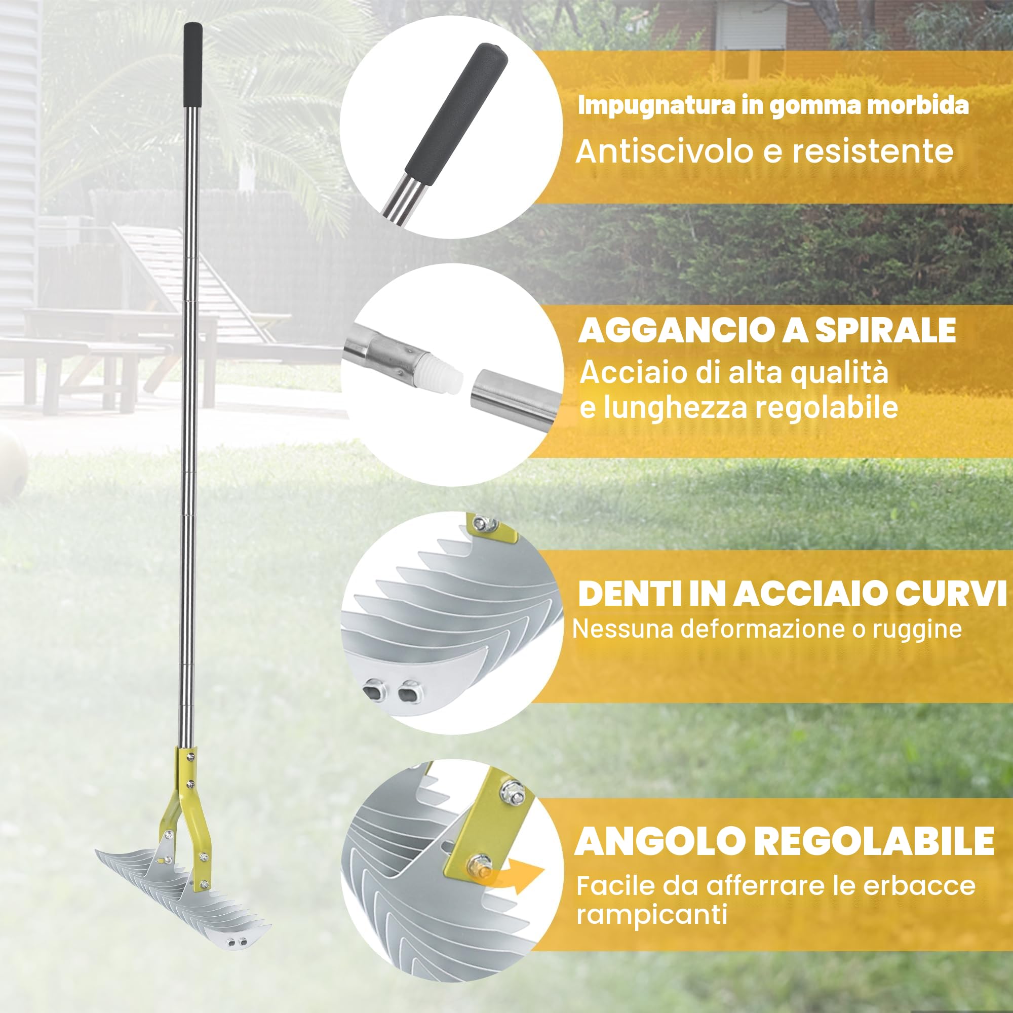 BARAYSTUS Rastrello per paglia e prato con manico regolabile da 148 cm, pinza robusta in acciaio al carbonio, pettine multiuso per diserbo e concimazione