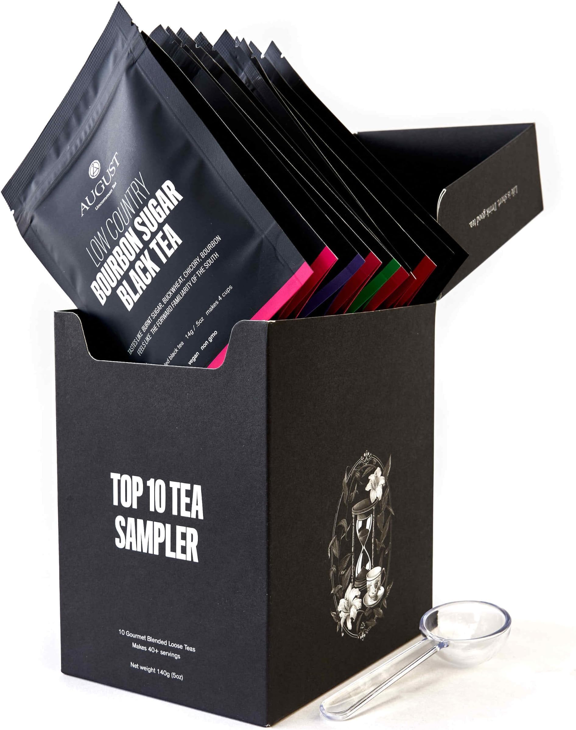August Uncommon Loose Leaf Tea Sampler โ Loose-Leaf Tea Gift Set - Variety of 10 Favorite Tea Blends with Scoopโ Ten 0.5 oz Bags โ 5.0 oz (140g) Makes 40-80 Cups